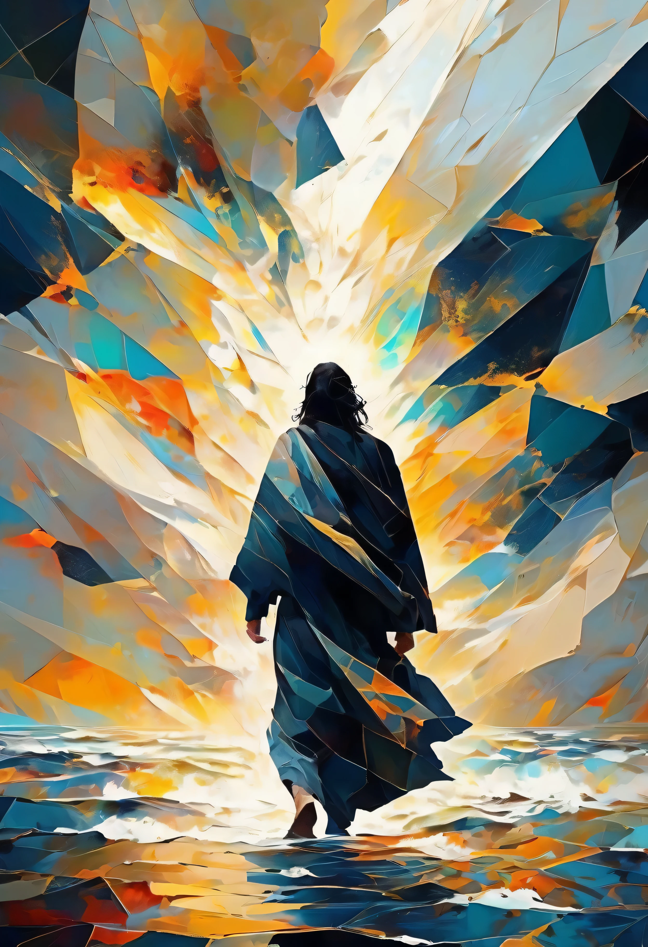 create abstract style illustrated art by Aliza Razell and Pierre Soulages, ultra high resolution, wallpaper, 8K, rich texture details, Jesus walking on the sea, detailed background, dramatic angle, non-representational, colors and shapes, polygonal shapes, expression feeling, imaginative, highly detailed INFO