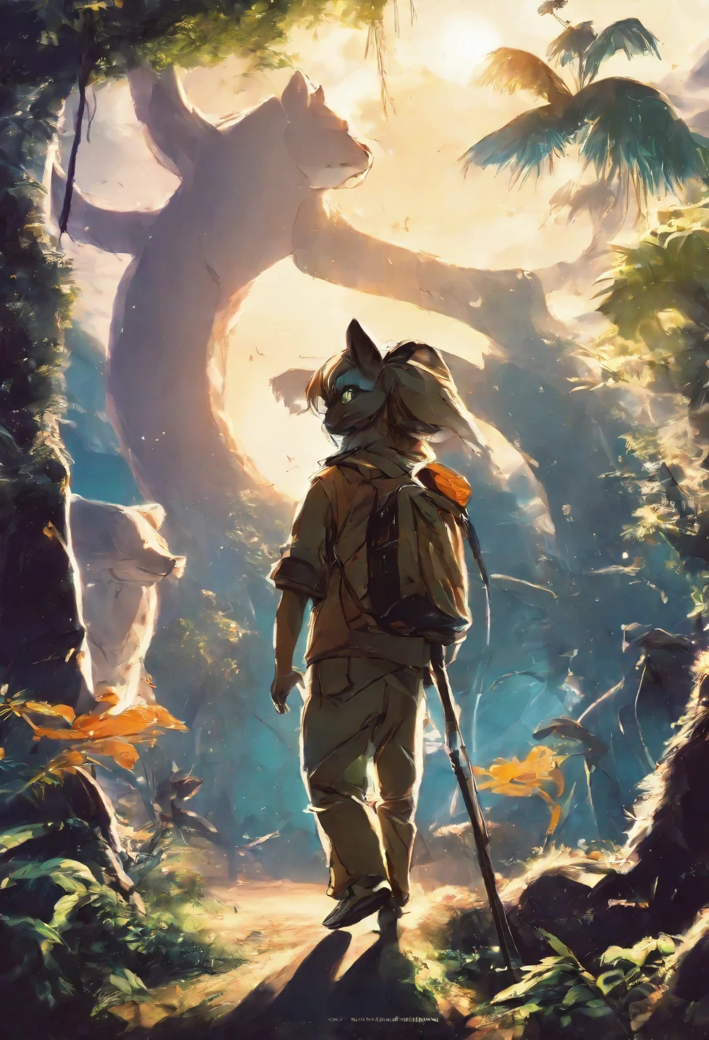 cover page, highres, top quality, best quality, paid reward available, unparalleled masterpiece, perfect artwork, absurdres, High-quality illustrations, super high resolution, detailed background, perfect anatomy (Walking through the firefly-filled jungle at night)(1boy, kemono, furry)(Attention to detail:1 1)high quality, Browsing Caution, Beautiful Eyes(detailed face and eyes)Sharp focus, Contrast lighting, Crazy Details, Soft lighting, high quality, Film Grain((dramatic))epic, One scene of movie,