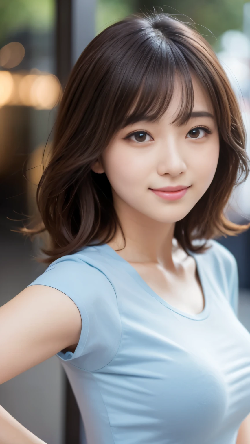 Tabletop, highest quality, figure, Very detailed, In detail, High resolution, 8k wallpaper, Perfect dynamic composition, Beautiful fine details, Short sleeve T-shirt、Casual wear,Medium Hair,Huge breasts, Natural color lip, Bold sexy pose,smile,Harajuku、20-year-old female、cute、sexy shot looking at camera,rift,Close-up face,