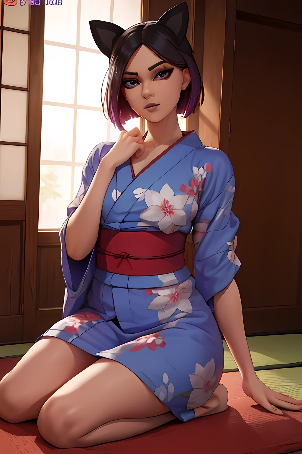 lince , japanese yukata dress , Noche ,Extremadamente detallado, rostro detallado,hermoso rostro, ojos finos, mirando al espectador, pose fe******.