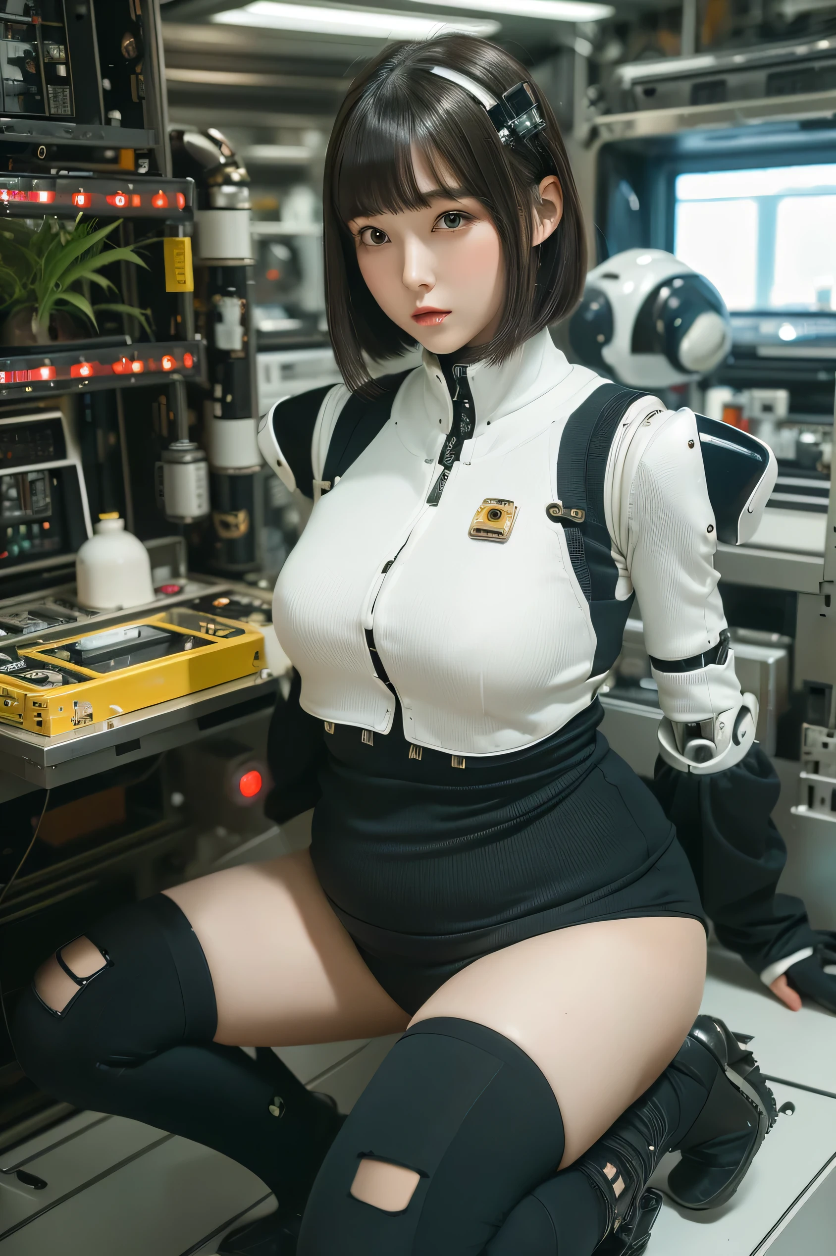 masterpiece, best quality, extremely detailed,portrait, Japanese android girl,Plump,a bit chubby,control panels,robot arms,robot,android,cyborg,white robot body,blunt bangs,robot repair plant,black knee high socks,