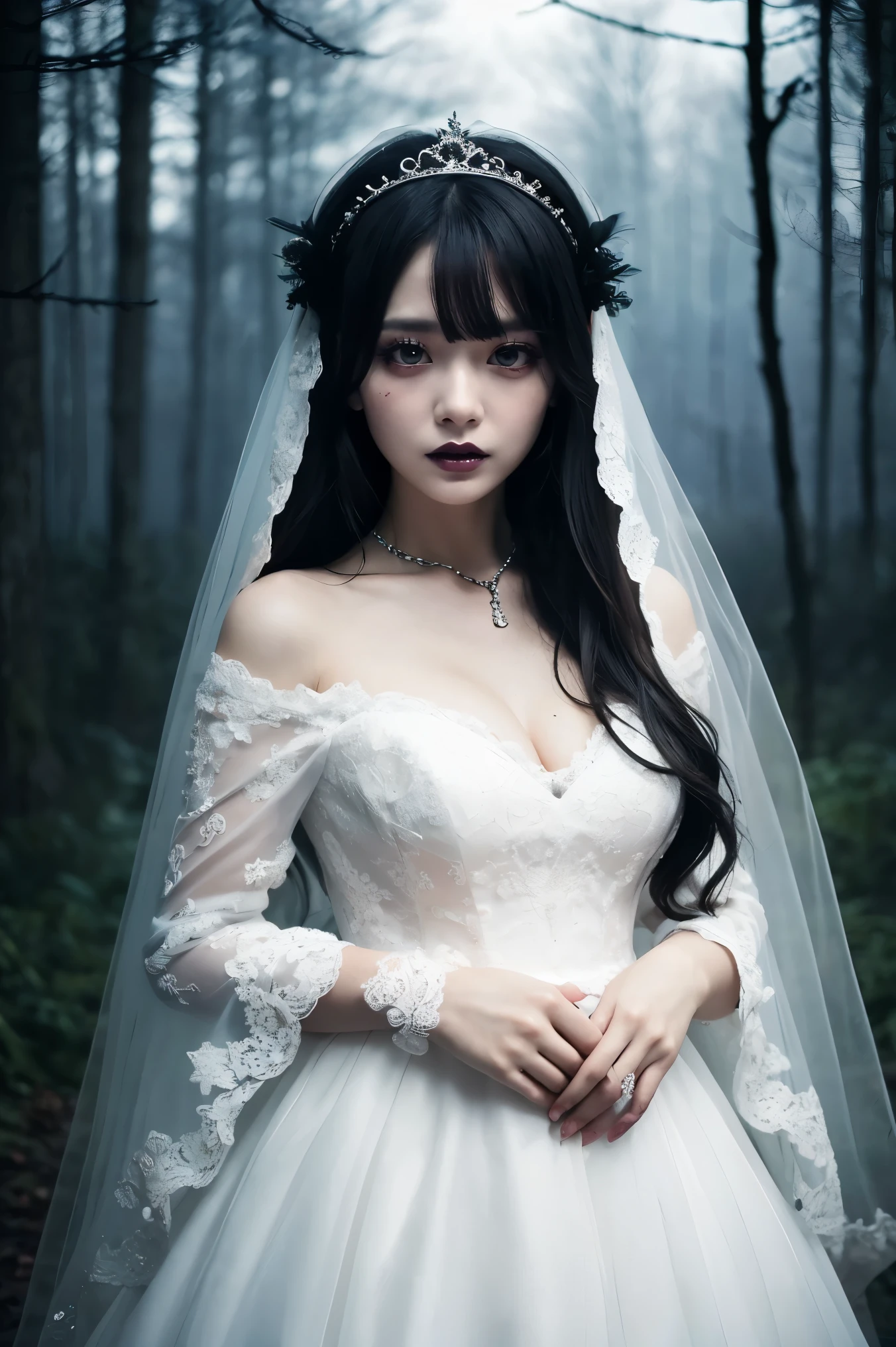 (highest quality、Tabletop、8k、Best image quality、Award-winning works、Ultra-high resolution)、Spooky and terrifyingの花嫁、(Zombie Bride:1.1)、(Bloody Face:1.1)、(Spooky and terrifying:1.1)、(Zombie Makeup:1.1)、(Pure white and creepy skin:1.1)、Black eyeshadow、(I have bags under my eyes:1.)、(Black Lips:1.1)、Long Hair、(The creepiest wedding dresses:1.1)、(Wedding Lace:1.1)、(The creepiest giant tiaras:1.1)、(The creepiest necklace:1.1)、(Dark creepy and scary forest background:1.1)、Dark and spooky tree々、Eerie dim night、Dark thriller vibe、(Spooky fog:1.1)、Small cleavage、(Look at me with a sad expression:1.1)、blurred background、(Full body photo:1.3)、(Slightly pregnant:1.2)、Accurate anatomy、Ultra-high resolutionの顔、Ultra-high resolutionの髪、Ultra-high resolutionのキラキラした瞳、Ultra-high resolutionのBlack Lips、Ultra-high resolutionの完璧な歯、A spooky face drawn in great detail、(that'it's snowing:1.1)、Snow Scene