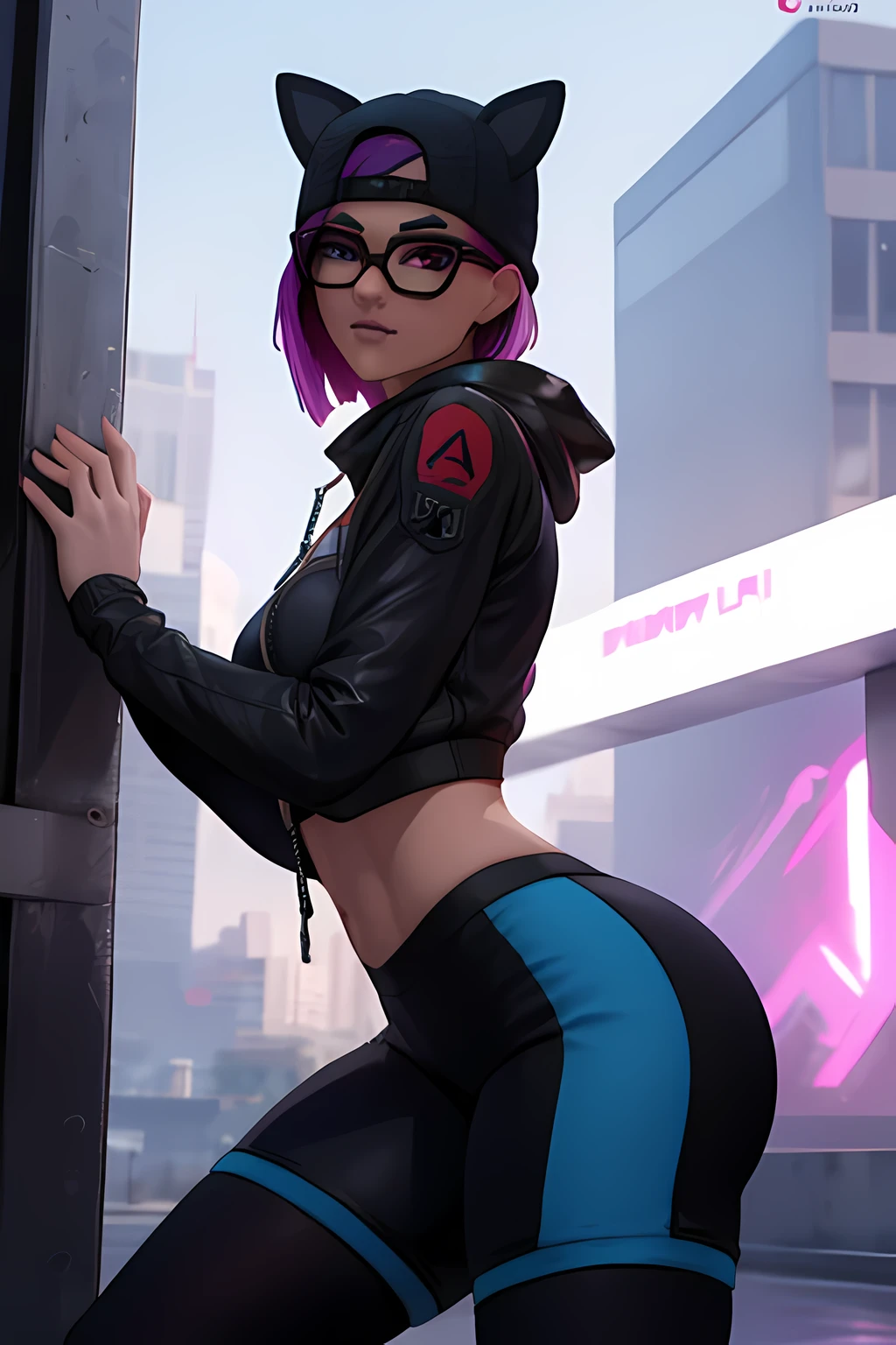 Traje de lince cyberpunk, Noche, pulsera de picos,gorro de invierno , shorts negro con Azul leggins Negro ,chaqueta azul oscuro ,Extremadamente detallado, rostro detallado, gafas ,hermoso rostro, ojos finos, mirando al espectador, pose femenino.