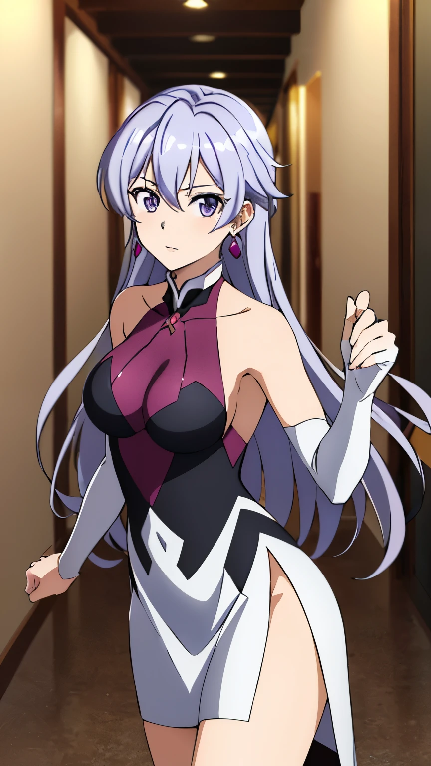 (best quality, 8K, high resolution, masterpiece:1.2), anime art style, yukine chris, 1 girl, perfect face, perfect eyes, large medium breasts, silver hair, silver hair, purple eyes, long hair, straight hair, soft expression, alone, (party dress, earrings, hall, stylish pose, stylish angle, cowboy shot), viewer appreciation