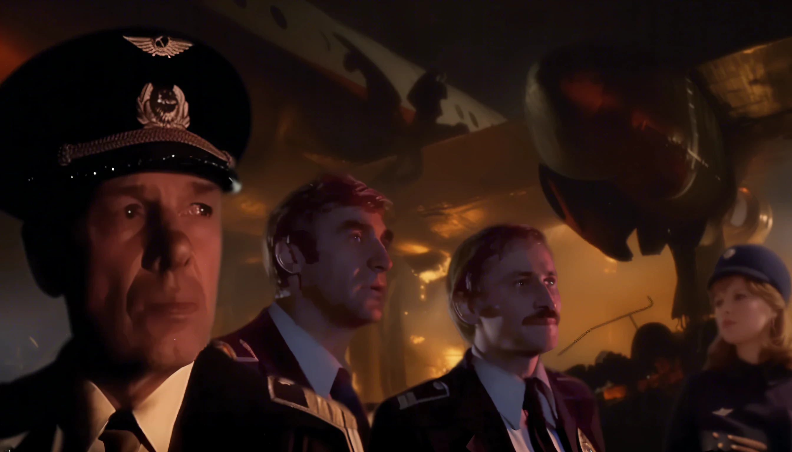 Poster for the movie "Plane Crash", against the background of fire and panic, the courageous crew of an aircraft consisting of a captain, two pilots and a flight attendant, close-up, action, dynamics