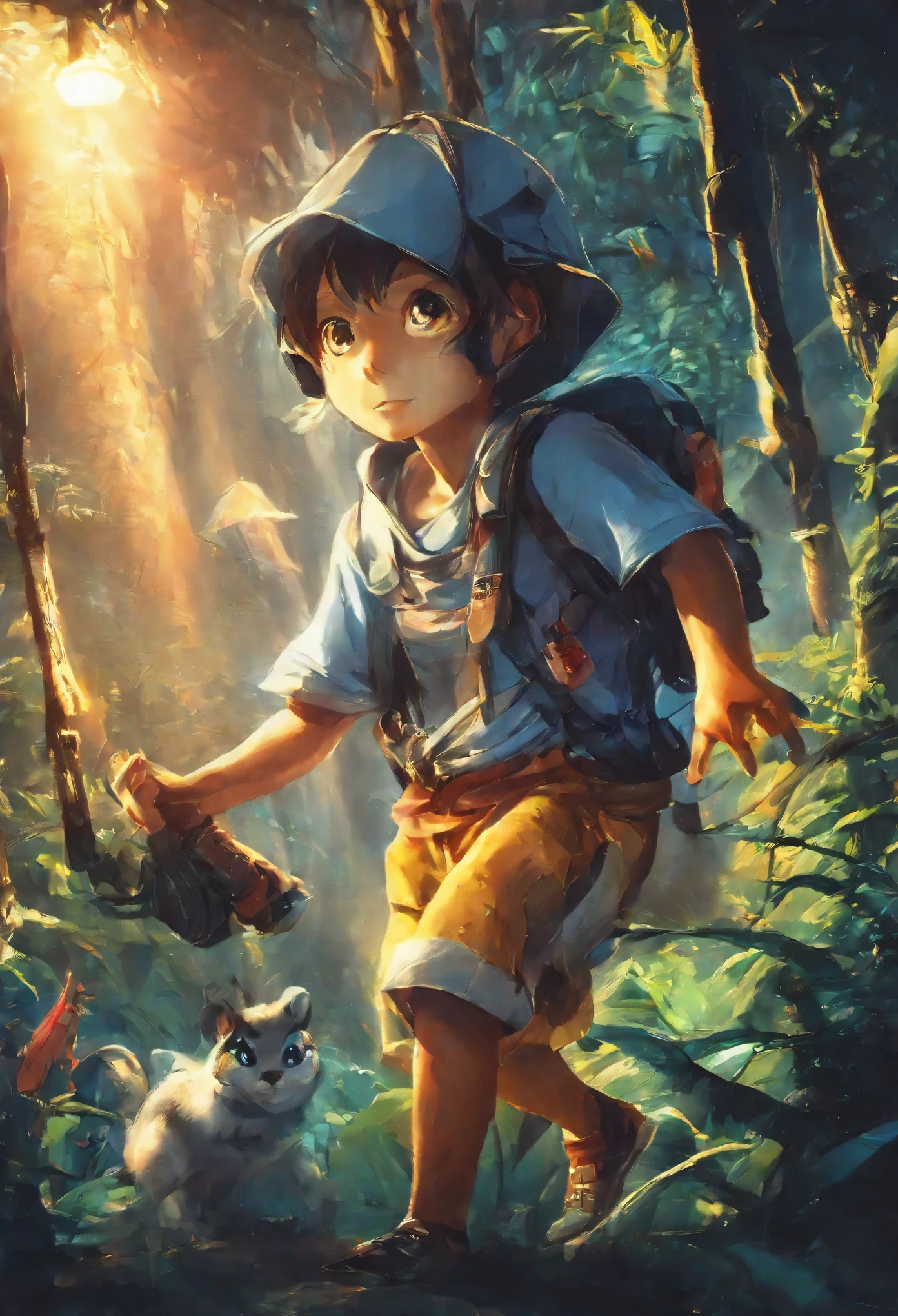 cover page, highres, top quality, best quality, paid reward available, unparalleled masterpiece, perfect artwork, absurdres, High-quality illustrations, super high resolution, detailed background, perfect anatomy (Walking through the firefly-filled jungle at night)(1boy, kemono, furry)(Attention to detail:1 1)high quality, Browsing Caution, Beautiful Eyes(detailed face and eyes)Sharp focus, Contrast lighting, Crazy Details, Soft lighting, high quality, Film Grain((dramatic))epic, One scene of movie,
