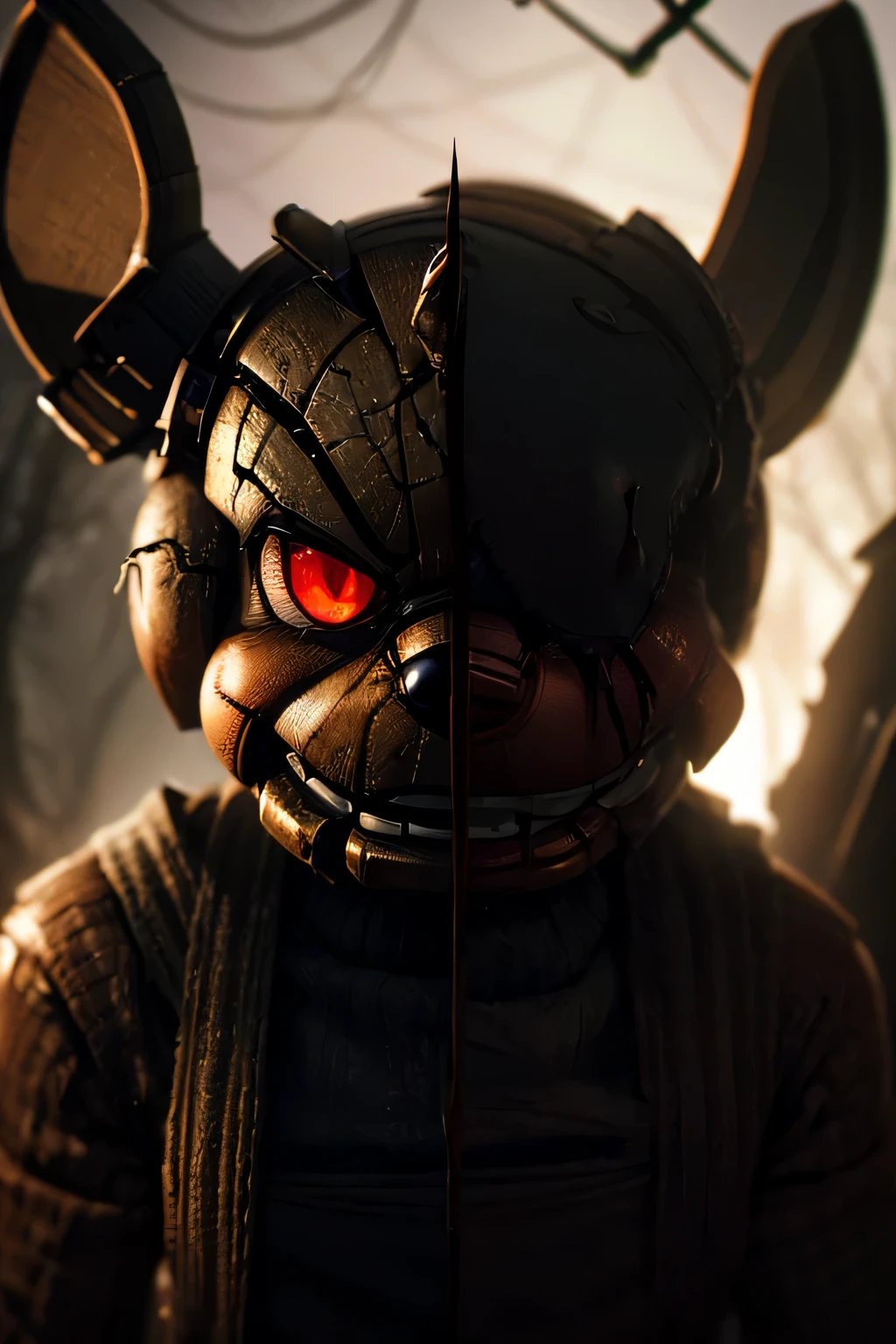 Springtrap Five Nights at Freddy's, masterpiece, Horror, Dark atmosphere, Red eyes, detailed shading, Rotten, analog, Mechanical Abominations, Rotten, Forest Scenery、((Upper body portrait)))、View from above