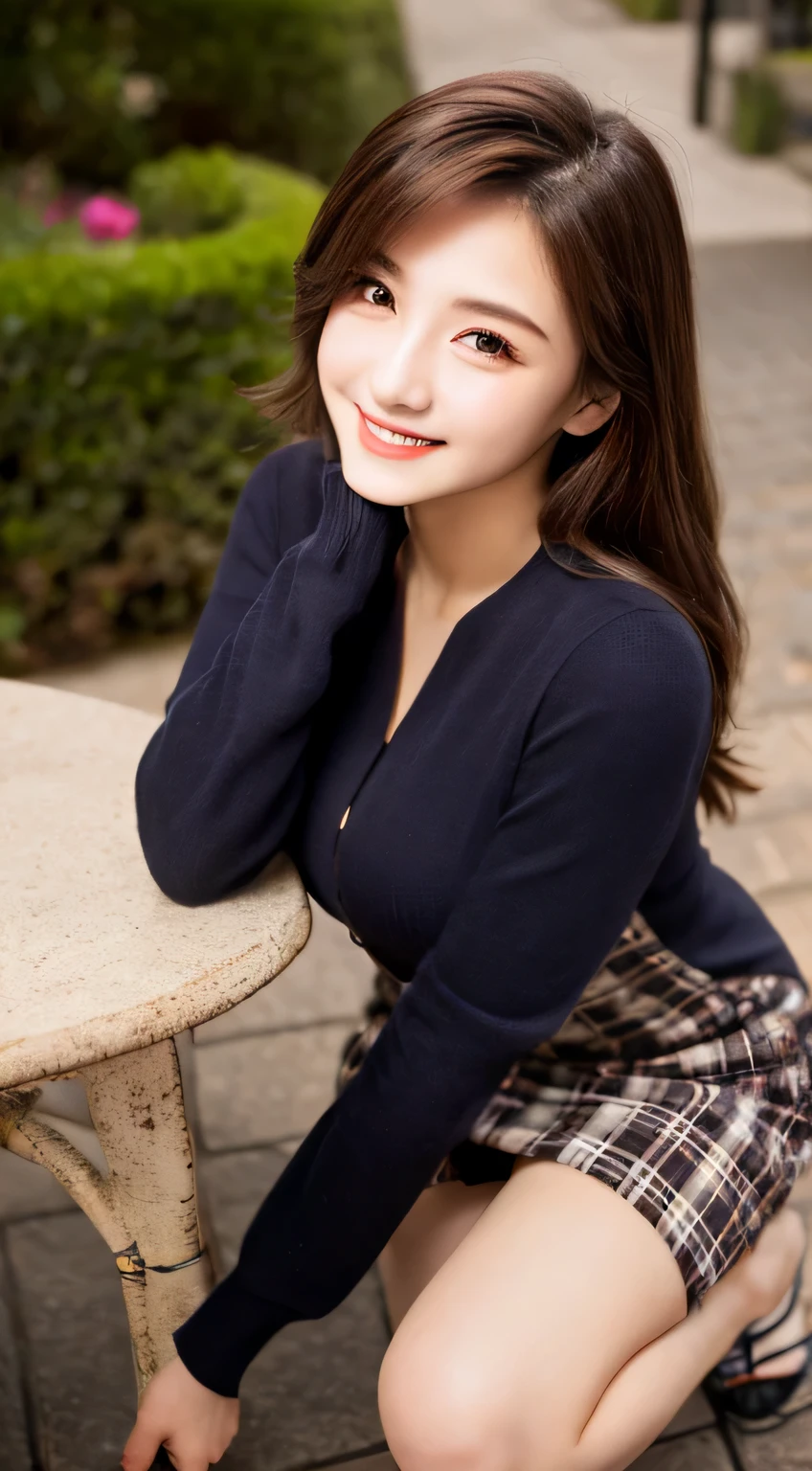 Tabletop, highest quality, shape, Very detailed, finely, High resolution, 8k wallpaper, perfect dynamic composition shape, Beautiful and detailed, Small breasts, Natural color lip, Random sexy poses,smile,Big cities、20-year-old girl、Midnight、Beautiful and dense face、Perfect and beautiful face,Big eyes、Actual photo(Best image quality),long dress dress(Long sleeve/blouse)、cardigan、Shooting from above the knee(Bottom to Top)、