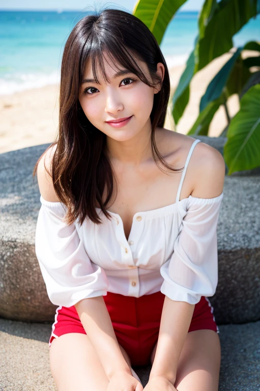 (Captured by a professional photographer:1.2), high quality, Realistic, Best image quality:1.3, (RAW Photos:1.1), Amateur models, (Accurate skeleton:1.2), (Attention to detail:1.1), 30 years old, Japanese women,(Beach), (White blouse:1.2, hot pants:1.2),Off the shoulder, barefoot, Looking at the camera:1.1, look at the person you like, Gentle expression, Thighs are visible, Warm sunshine,(Detailed eyes:1.1), (Detailed hand), (Detailed feet), smile:0.1, Cleavage:0.2, Medium chest, Sweat:0.2, 