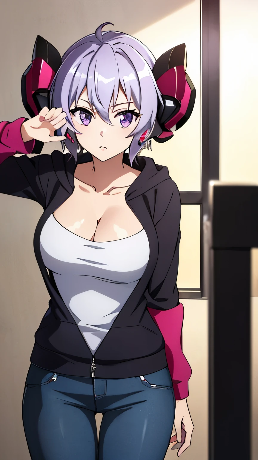 (best quality, 8K, high resolution, masterpiece:1.2), anime art style, yukine chris, 1 girl, perfect face, perfect eyes, large medium breasts, silver hair, low twin tails, pink hair ribbon purple eyes, thin twin tails, long hair, soft expression, alone, (hoodie, loose long pants, earrings, stylish pose, stylish angle, cowboy shot), viewer appreciation