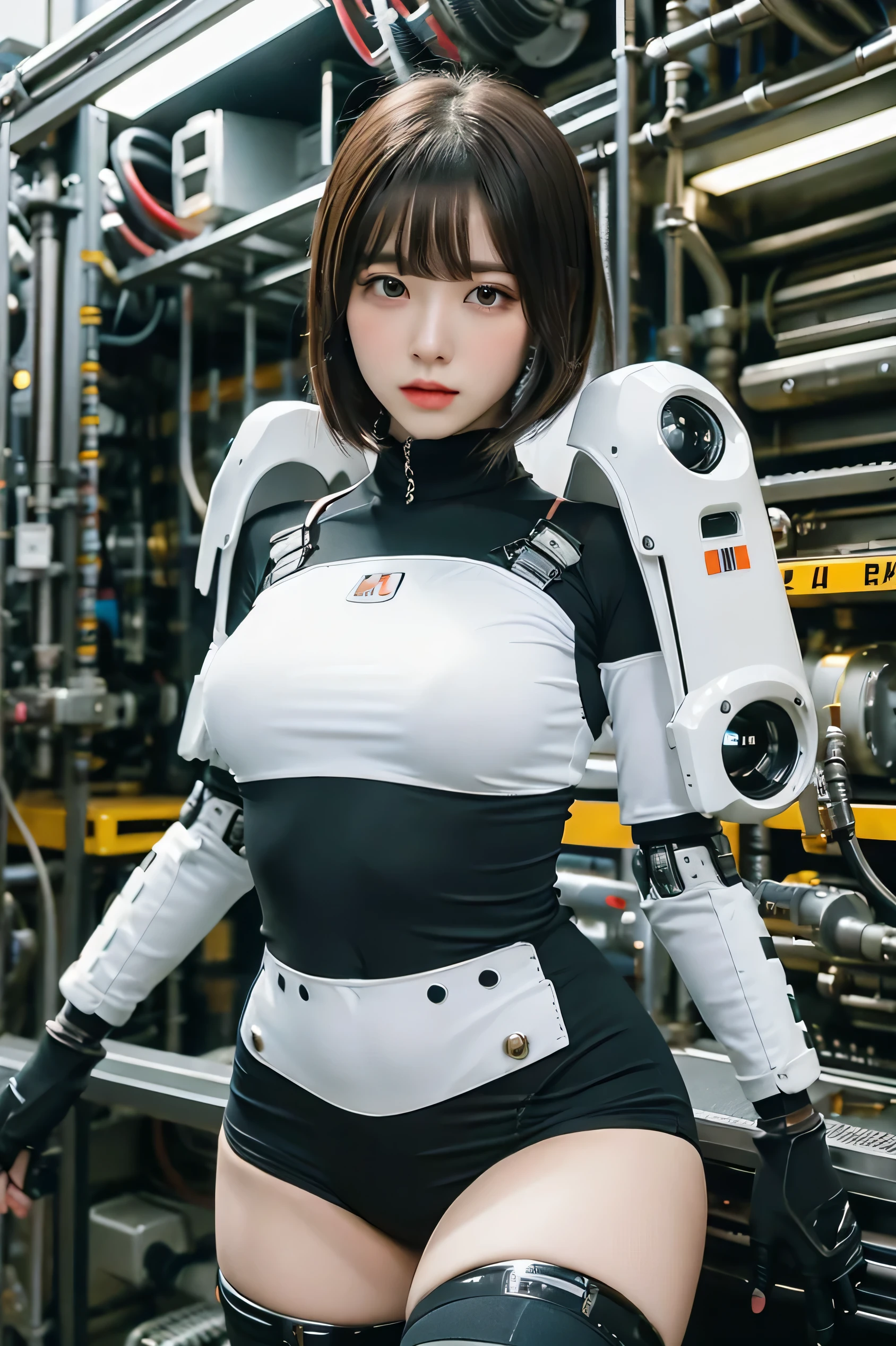 masterpiece, best quality, extremely detailed,portrait, Japanese android girl,Plump,a bit chubby,control panels,robot arms,robot,android,cyborg,white robot body,blunt bangs,robot repair plant,black knee high socks,