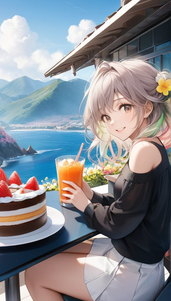 (from side:1.5),(masterpiece:1.2), (best quality),(ultra detailed),(extremely detailed),(absolutely resolution) ,absurdres,8k, 1girl-drinking-fruits-juice, cafeteria-outdoor,sitting, grin, cake, beautiful-landscape-background,the middle of a mountain, blue-coral-sea, flowers, windy, 
BREAK,  ultra detailed eyes, long hair, messy hair, (gradation hair:2.5), tanktops, skirt,