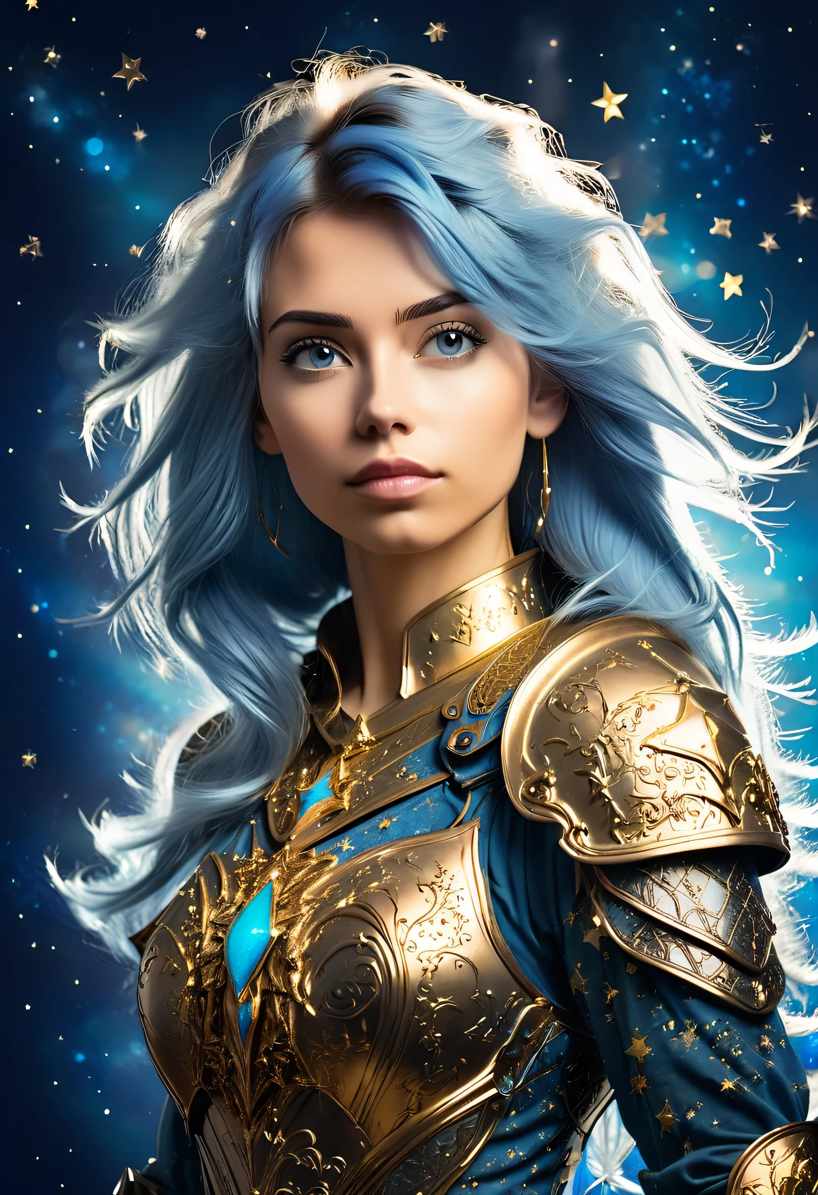 a stylized young caucasian woman warrior ((silhouette)) formed by bright stars. with straight long light blue messy hair. Straight hair. medieval golden ornate armor. Cosmic background.