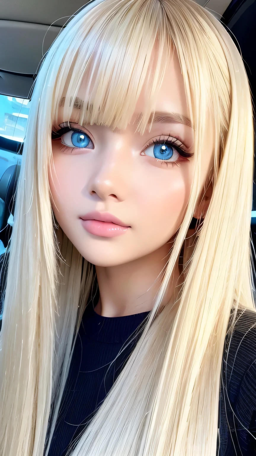 Very beautiful shiny pretty face、Beautiful shiny white skin、Glowing cheek highlight、Beautiful cute sexy pale bright blue eyes、hair over eyes、hair over one eye、hair between eyes、Big double eyelid eyes、Beautiful very long shiny silky pale blonde straight hair、Sexy 、A cute beautiful girl with long bangs、The most beautiful girls in the world in the West、Round face、Adorable appearance、