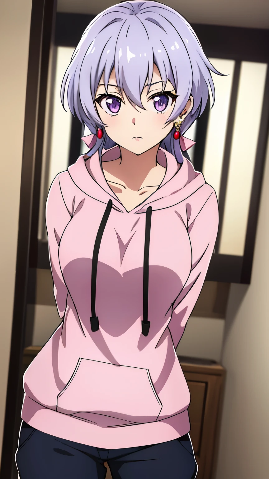 (best quality, 8K, high resolution, masterpiece:1.2), anime art style, yukine chris, 1 girl, perfect face, perfect eyes, large medium breasts, silver hair, low twin tails, pink hair ribbon purple eyes, thin twin tails, long hair, soft expression, alone, (hoodie, loose long pants, earrings, stylish pose, stylish angle, cowboy shot), viewer appreciation