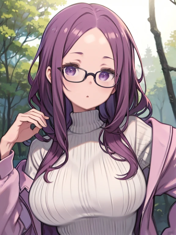 masterpiece, highest quality、Super Detail、Medium Wide Shot、Beautiful eyes、1　Mature Woman、(kagamihara sakura)、Purple Hair、(((Wavy Hair、bang up、Bang Up)))、The forehead is visible、long hair、Glasses、Big Breasts、Huge breasts、Turtleneck sweater、Thick jacket、in the forest、Watching the audience、Calm face、cool、