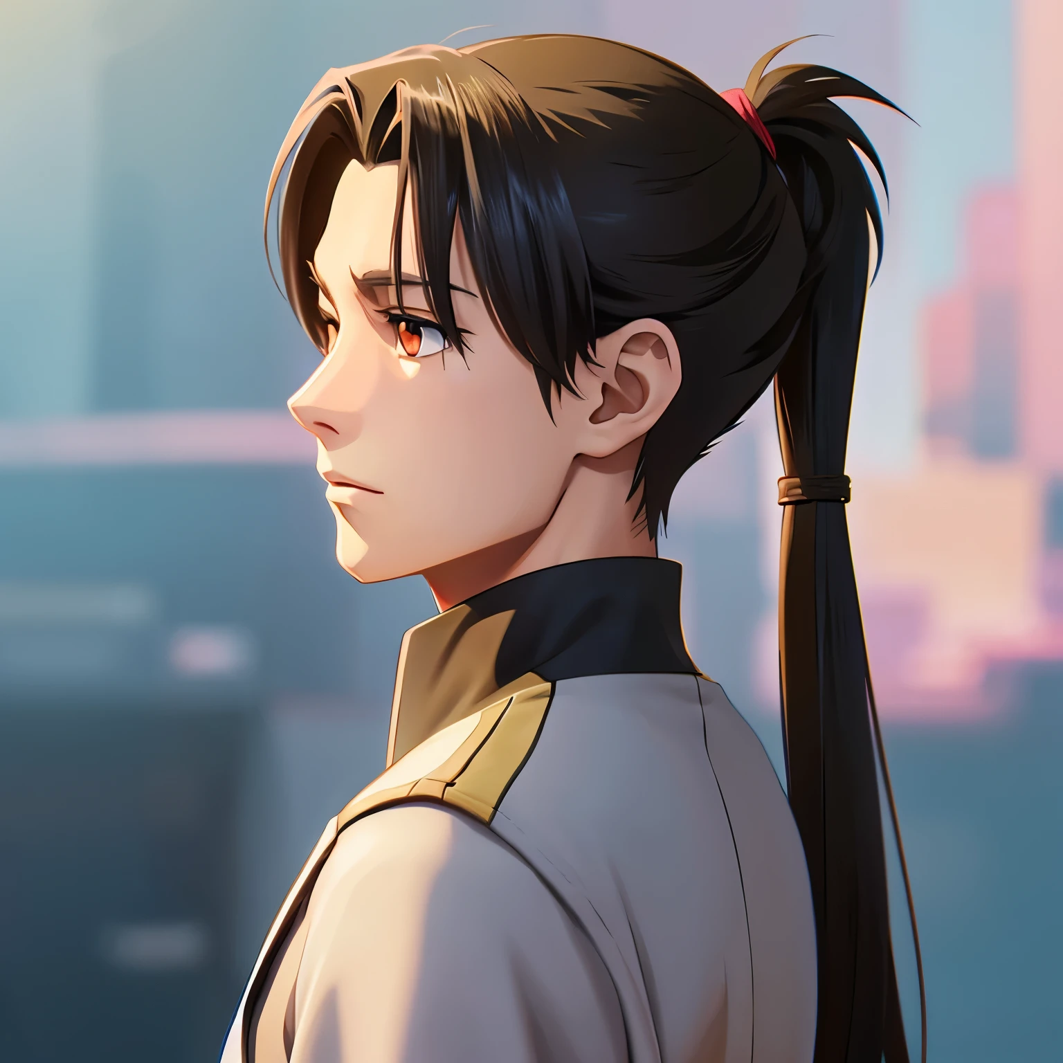 Anime male, facing forward, long haor, ponytail