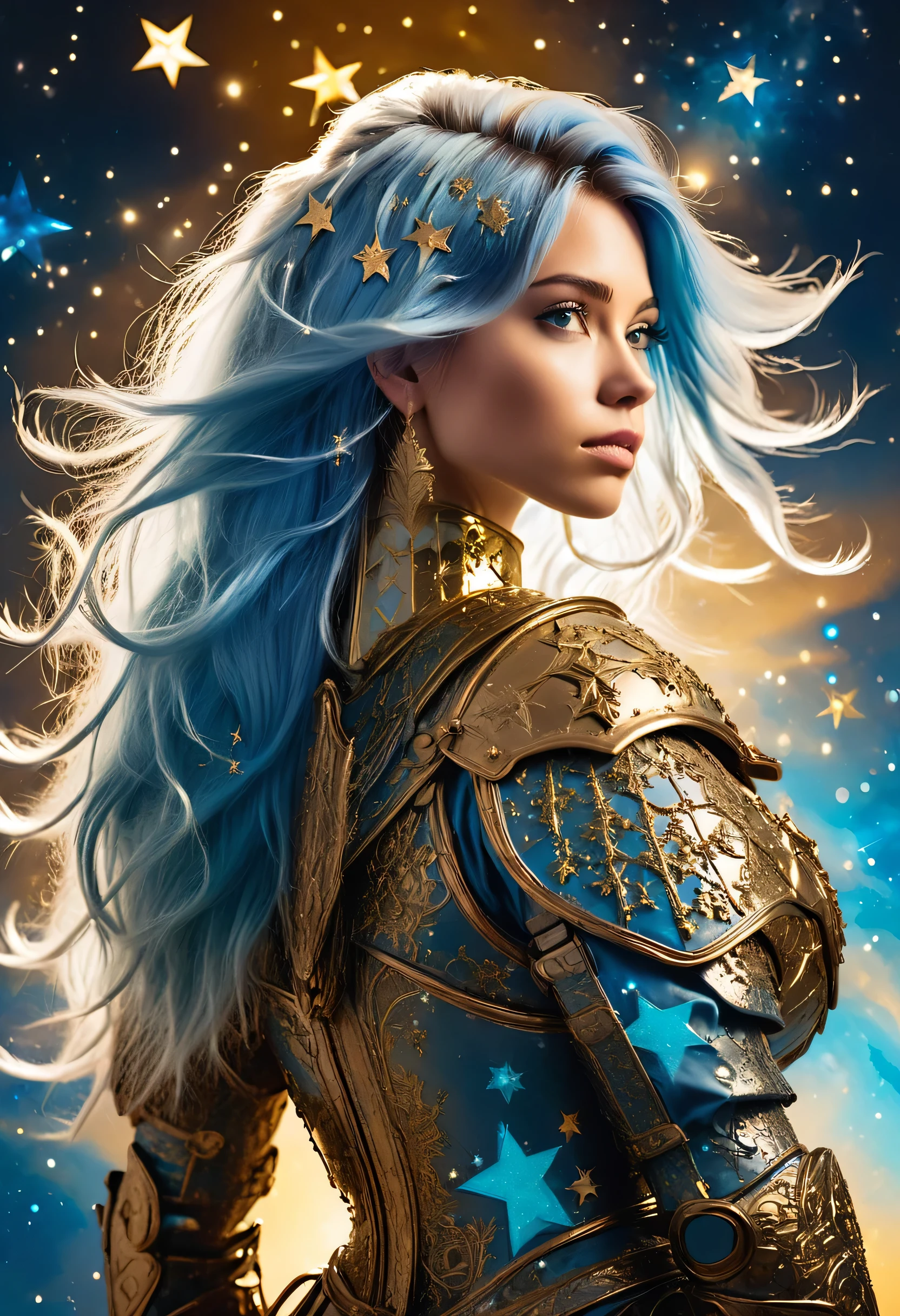 a stylized young caucasian woman warrior ((silhouette)) formed by bright stars. with straight long light blue messy hair. Straight hair. medieval golden ornate armor. Cosmic background.