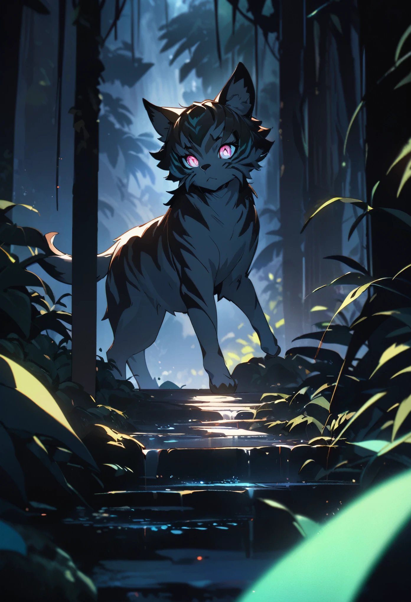 cover page, highres, top quality, best quality, paid reward available, unparalleled masterpiece, perfect artwork, absurdres, High-quality illustrations, super high resolution, detailed background, perfect anatomy (Walking through the firefly-filled jungle at night)(1boy, kemono, furry)(Attention to detail:1 1)high quality, Browsing Caution, Beautiful Eyes(detailed face and eyes)Sharp focus, Contrast lighting, Crazy Details, Soft lighting, high quality, Film Grain((dramatic))epic, One scene of movie,