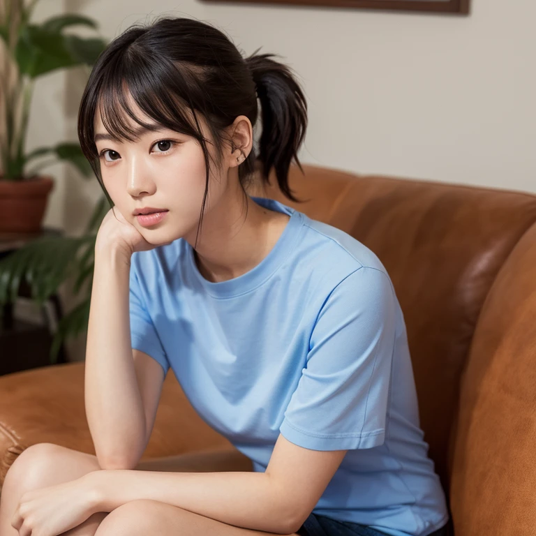 A young, beautiful Japanese woman was sitting on a sofa wearing a plain navy blue T-shirt and white shorts, looking at me with disdain. Focal length 100mmf/2.8, spring morning, sunny, living room on the upper floor of a high-rise apartment, well-shaped face, ponytail, toned body, bird's eye view, realistic feeling, 8K image quality, highest quality.