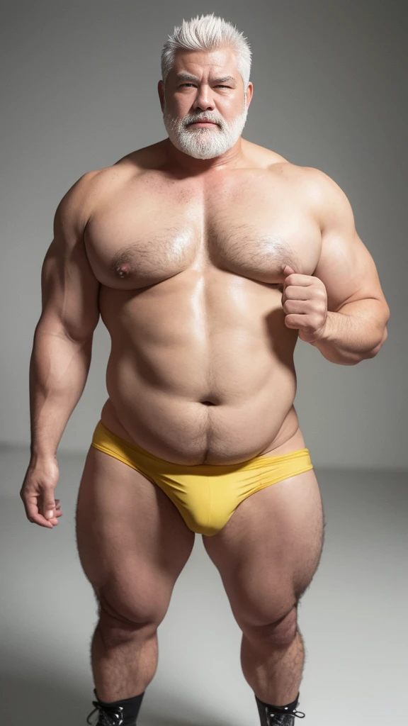 white hair, old man, individual, male, Muscular wrestler, muscular, Stout wrestler, Asian, Japanese, uncle, 55 year old middle-aged man, short hair, short hair, yellow wrestling boots, full body portrait, shadow, Vision, yellow briefs, obesity, 45 years old, short beard, middle-aged man, tattoo, fingerless gloves, Wheat skin, shiny skin, dark skin, Show your pectoral muscles, sumo wrestler, bodybuilder, wide temples, Visible abdominal muscles, Smile, Fine hands, solid color background, pure white background, Surrealism, Panorama, 8k, super detail,