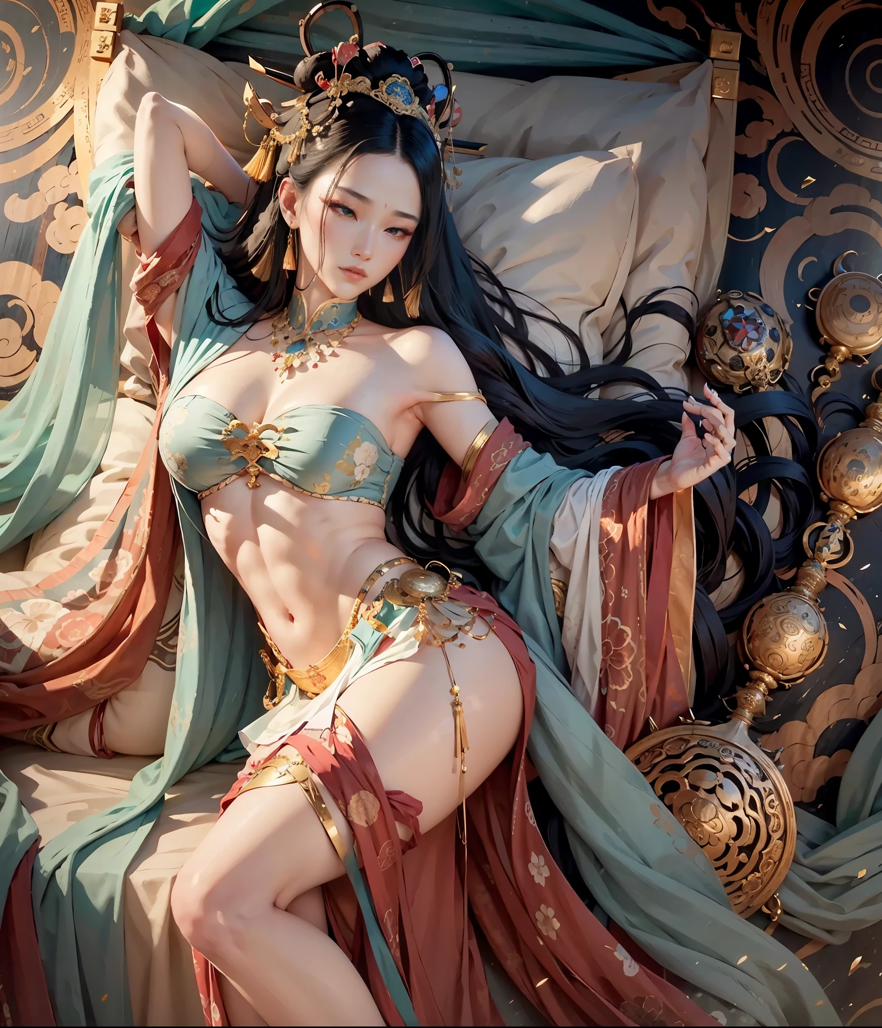 American Beauty，Exquisite facial features，In Dunhuang，Sleeping in the Emperor&#39;s Bed，Sexy Dunhuang Feixian Dancer Clothes，Heavy makeup，long flowing hair，Flowing sea，favored，Meticulous depiction的脸蛋，Exquisite headdress，Chinese ancient style，Internet celebrity figure，Beautiful，Ambiguous atmosphere，Mature and steady，weak and gentle，Masterpiece，Meticulous depiction，Very close distance，Full of charm，Various styles，Exquisite gentleman wallpaper，seduce men，enchanting，sad expression，Ultra HD，Charming and coquettish poses，Long thin white legs，large bust，Realism