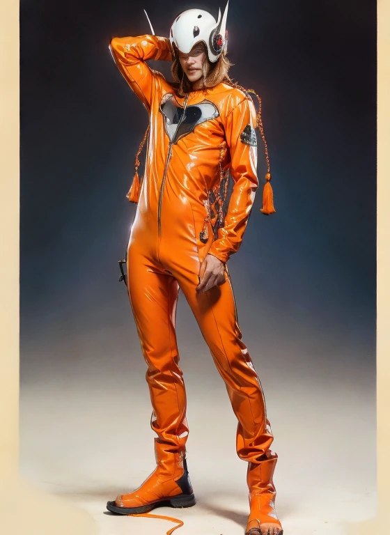 perfect proportions, anatomically correct, (head to toe: 2.0), (full body image: 2.0), solo, (Casshern: 1.6), extremely stylized, deviant art, masterpiece, highly detailed, detailed eyes, expressive detailed eyes, detailed pupils, futuristic, ((1950s scifi helmet)), ((pointy helmet)), Rubber Gloss, (orange skinsuit:1.4), white boots, entire body image, full body shot, nvinkpunk, professional photograph of alexander_skarsgard, tassles, large beads, large tassels, navy blue and white, cyberpunk, inkpunk, paint platter, ink splatter, (action pose:1.0)