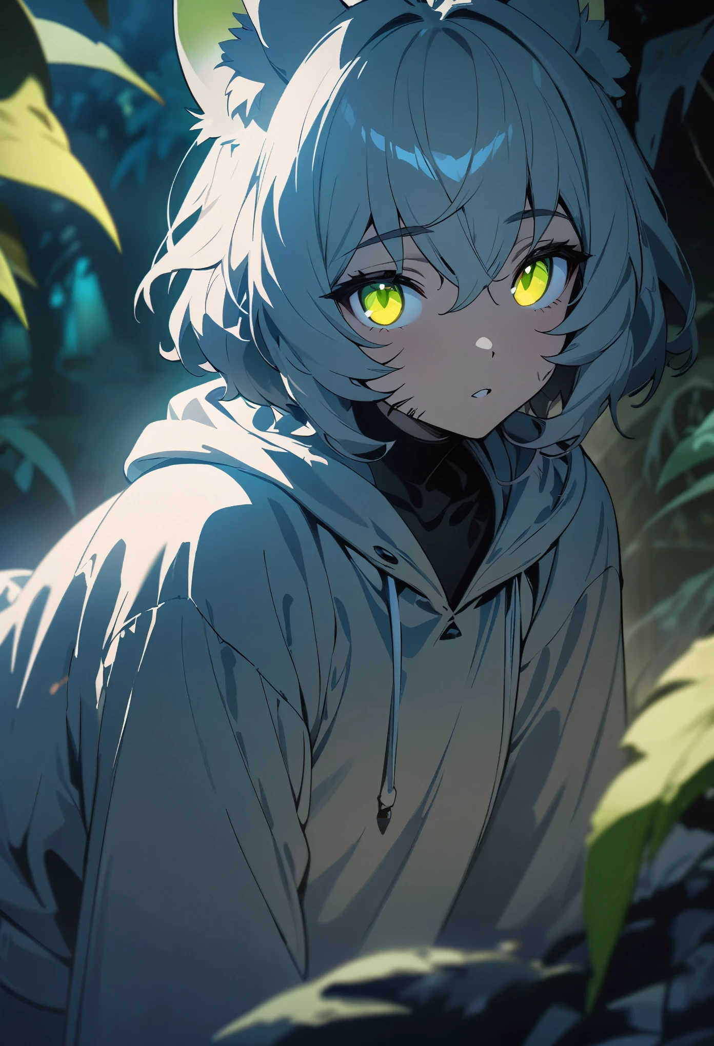 cover page, highres, top quality, best quality, paid reward available, unparalleled masterpiece, perfect artwork, absurdres, High-quality illustrations, super high resolution, detailed background, perfect anatomy (Walking through the firefly-filled jungle at night)(1boy, kemono, furry)(Attention to detail:1 1)high quality, Browsing Caution, Beautiful Eyes(detailed face and eyes)Sharp focus, Contrast lighting, Crazy Details, Soft lighting, high quality, Film Grain((dramatic))epic, One scene of movie,