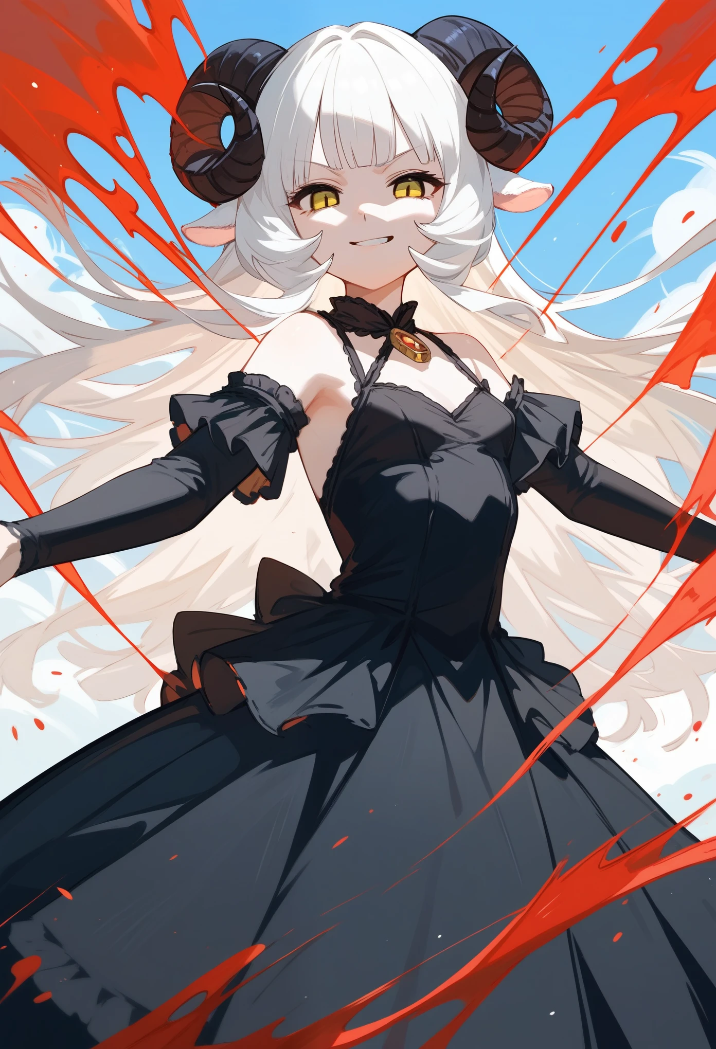 (score_9, score_8_up, score_7_up), 1girl, solo, sheep horns, curled horns, black horns, sheep ears, white hair, long hair, hime cut, long bangs, pale skin, yellow eyes, smirk, neutral, small breasts, standing, ****ta fashion, black dress, mirrored ocean background, sky, day, spread arms, upper body, masterpiece,