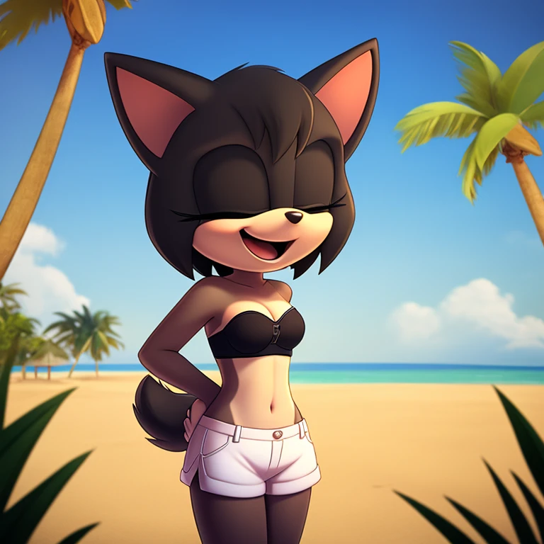 mobian cat, black fur, short hair, black hair, beach, female, 1girl, portrait, laughing, closed eyes, palm tree, grass, sand, standing, small breasts, strapless bra, cleavage, white shorts, arm behind back, Masterpiece, high quality, studio quality, intricate details, 4k, solo