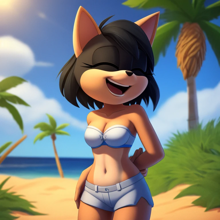 mobian cat, black fur, short hair, black hair, beach, female, 1girl, portrait, laughing, closed eyes, palm tree, grass, sand, standing, small breasts, strapless bra, cleavage, white shorts, arm behind back, Masterpiece, high quality, studio quality, intricate details, 4k, solo