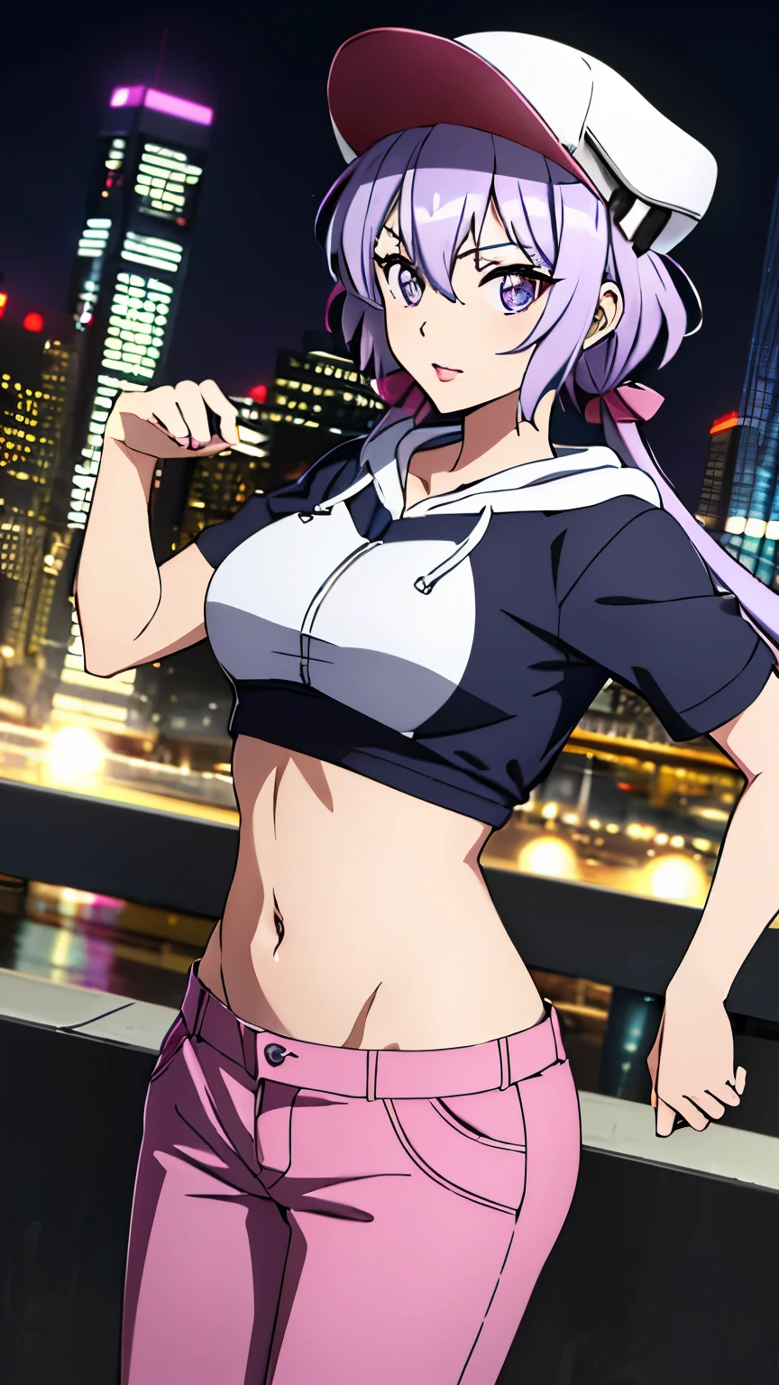 (best quality, 8K, high resolution, masterpiece:1.2), anime art style, yukine chris, 1 girl, perfect face, perfect eyes, large medium breasts, silver hair, low twin tails, pink hair ribbon purple eyes, thin twin tails, long hair, soft expression, alone, (Hip hop dancer style, cap,, pants, hooded sweatshirt, colorful shirt, navel, natural lip, city, night, stylish pose, stylish angle, cowboy shot), viewer appreciation