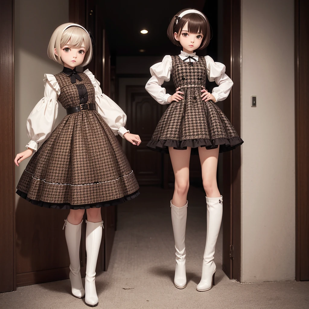 1girl、Standing in front of the viewer、Masterpiece、Official Art、high waist、Brown and dark brown houndstooth A-line dress、Dark piping、Puff sleeves、Super detailed、super beautiful、white straight short hair、Knee-high boots、