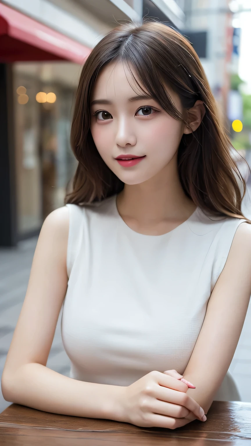 On the table, highest quality, figure, Very detailed, The finer details, High resolution, 8k wallpaper, Perfect dynamic composition, Beautiful and delicate eyes, pain,Medium Hair, Big Breasts, Natural color lips, Casual and sexy pose,smile,Aoyama Pedestrian Street、Sleeveless dress、20-year-old girl、Slim figure