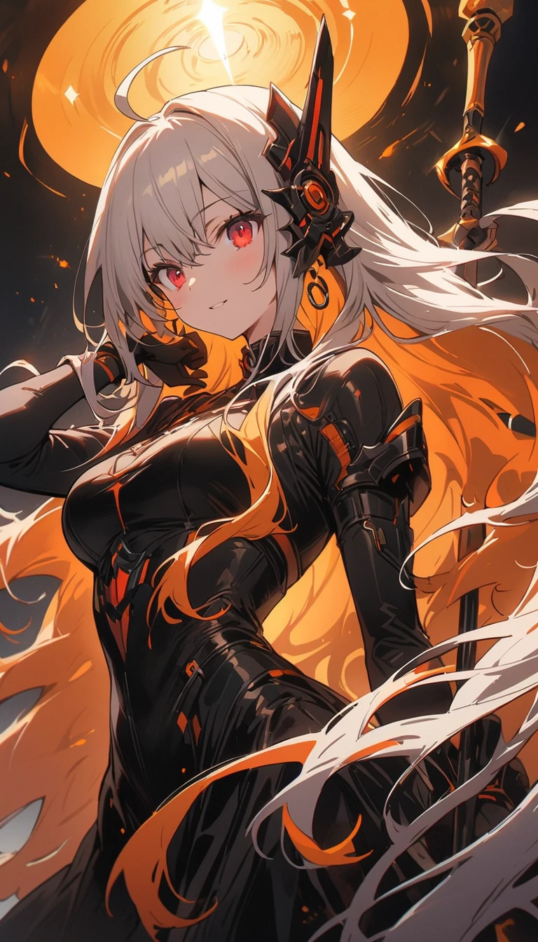 (masterpiece), highest quality, 非常にdetailedな, figure, Warm lighting, Bright colors, One girl, alone, Very long hair, Grey Hair, Orange Hair, orange inner hair, Red eyes, Inner hair color, Two-tone hair, Ahoge, Ridiculously long hair, orange Inner hair color, Multicolored Hair, Hello, , , Bodysuits, Flowing Hair, Wind, Close one eye, staff, dress, armor, headgear, floating,(highest quality、masterpiece、High resolution、detailed)animeスタイル、flat style、(Shining Eyes、detailed美しい顔),  BREAK,anime