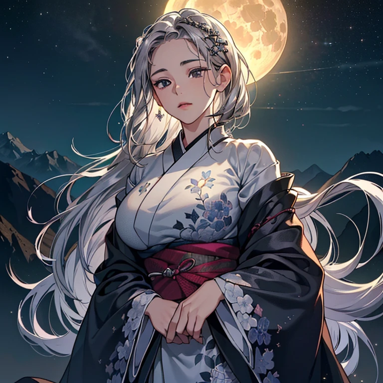 (High resolution)),((Game CG)),(masterpiece),(highest quality), (Very detailed),shape,((Very delicate and beautiful)), , Very embarrassed look,Looking at the audience,(((18-year-old female)),((whole body)),Detailed face and eyes,Jewel-like eyes,(Short Bob),,,(Super huge breasts,Long and slightly saggy breasts,) Taiwanese style street Silver hair and black eyes, a dark atmosphere, a starry sky, mountains as far as the eye can see々 A woman looking up, a courtesan with her arms outstretched, a gorgeous embroidered kimono, a hairpin, a big shining full moon, a woman in the distance