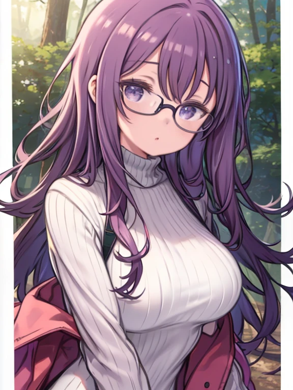 masterpiece, highest quality、Super Detail、Medium Wide Shot、Beautiful eyes、1　Mature Woman、(kagamihara sakura)、Purple Hair、(((Wavy Hair、bang up hair、Bang Up)))、The forehead is visible、long hair、Glasses、Big Breasts、Huge breasts、Turtleneck sweater、Thick jacket、in the forest、Watching the audience、Calm face、cool、