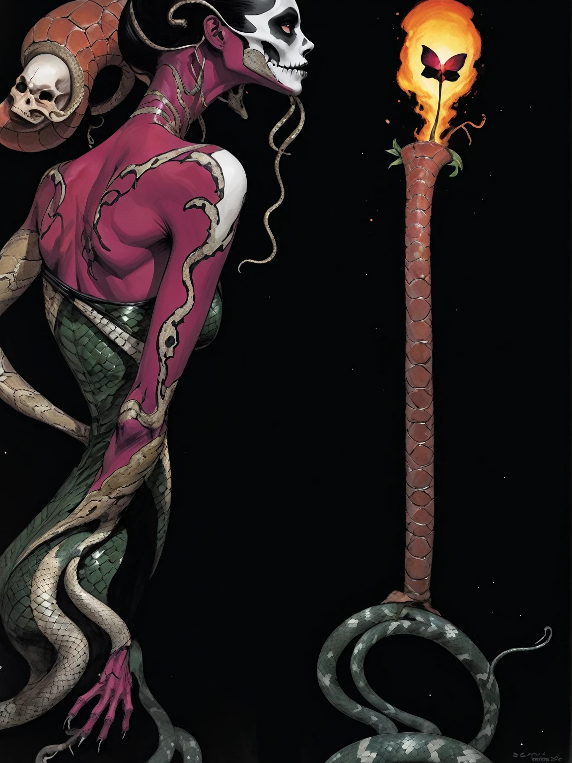 Medusa, splash page decompressed comic cover art, ink style figure,((expressive Joelle Jones and "Sean Gordon Murphy" comic drawing)), wordless, cinematic poster, double exposure, optical illusion, image within image, abyss void black no visibility darkness, full length portrait, (background, pine barrens, entropy, rewilding, magic hour sunset, galaxy stars, cosmos), (horror, abstract, surreal, body, cosmic), candid, snake skin dress, body anatomy drawn Frederic Delavier musculature anatomical illustration, (face, ornate black metal corpse paint, resembles Grace Jones), (body, Naga, snakefolk, lower body snake tail, snake woman hybrid, bald, hairless, skeleton, snake skin tattoos, piercing eyes, snake pupils, over the shoulder), (colors, bleak muted deep fiery radiant glowing ROYGBIV, forest green, earth brown), craftsmanship nuance, (Gerardo Zaffino charcoal), subliminal orchids, nyctophobia, silhouette