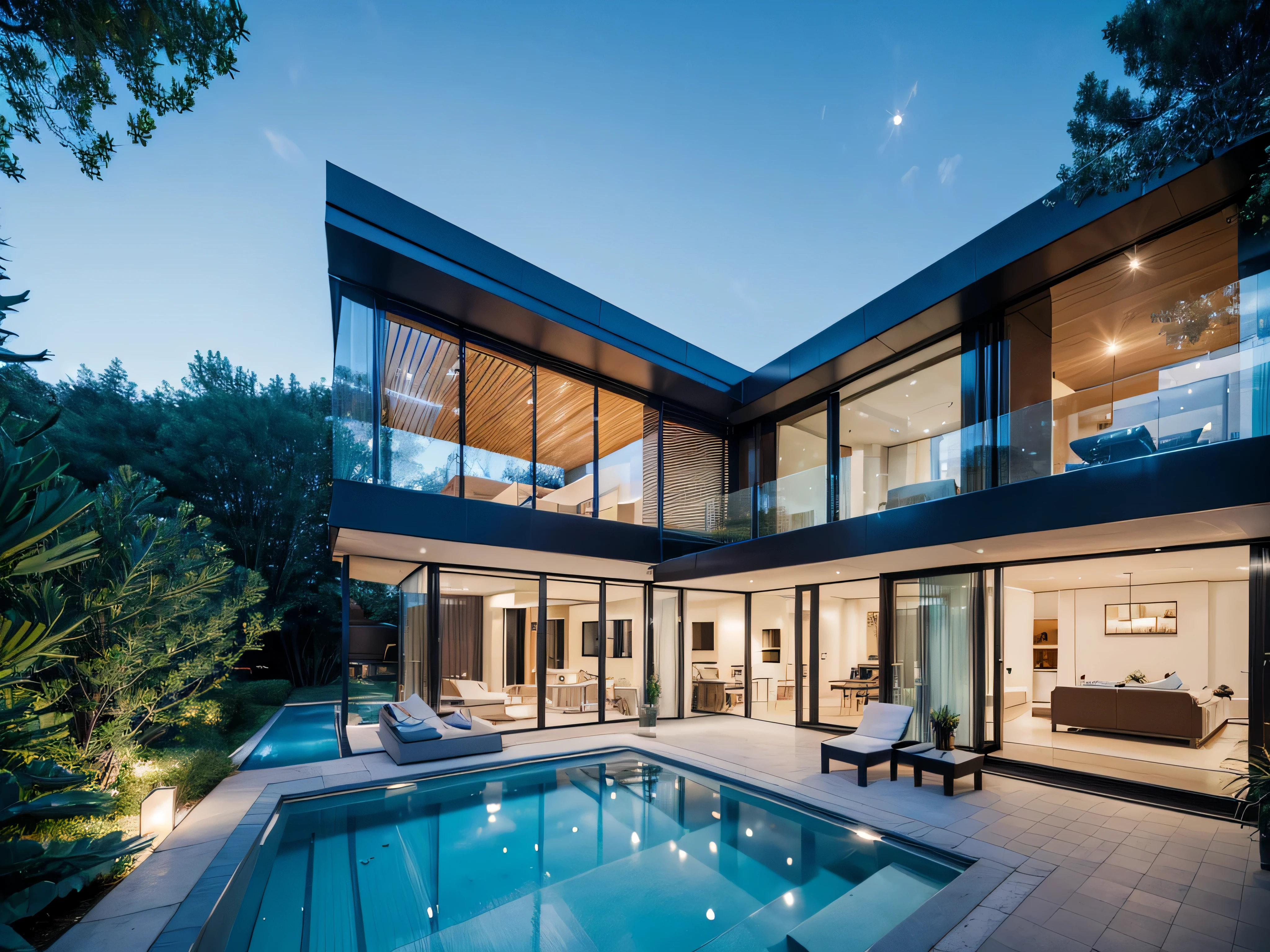 A beautifully designed (((modern house))), with a luxurious (((balcony))) overlooking a sparkling (swimming pool) with clear water and sleek, blue tiling, adorned by elegant lamps on the balcony, all framed by a backdrop of verdant trees, with a stylish (wooden front door) and a spacious two-story interior,HDR, ultra resolution, well defined, masterpiece, 8K HD.
