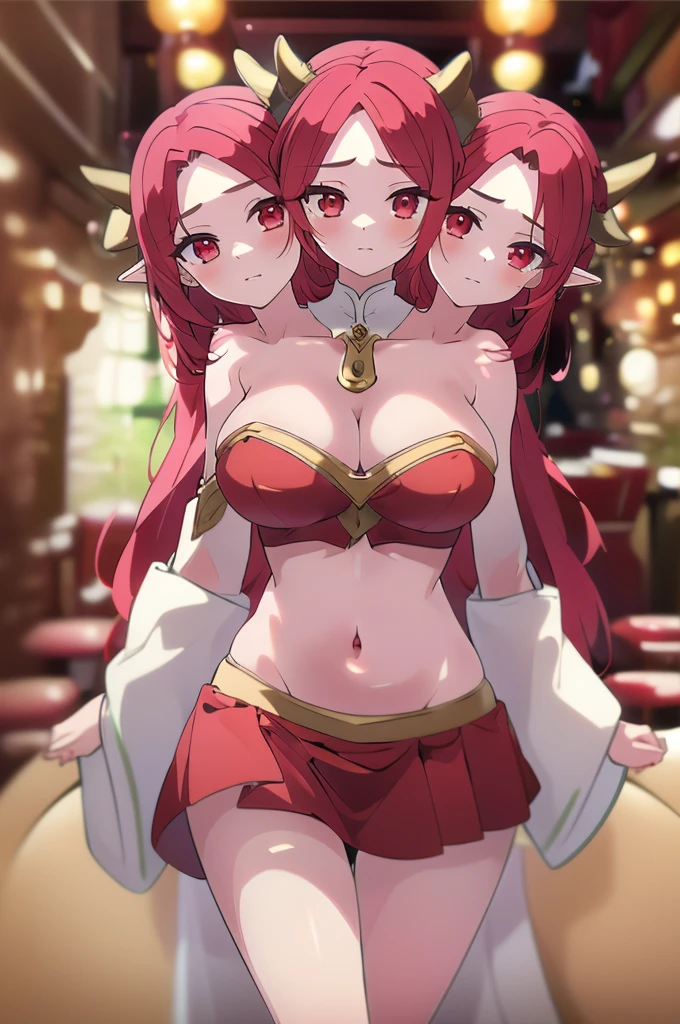 (masterpiece, best quality), best quality, (ultra-detailed), (3heads:1.5), 1girl, (Singyoku :1.3), masterpiece, best quality, ultra quality, ultra resolution, ultra detail, red top, crop top, ((stomach)), midriff, ((groin)), red skirt, normal ears, shackles, flowing red hair, very long hair, wavy hair, sidelocks, glowing red eyes, parted lips, detailed eyes, sweat, cute, toned belly, hand on own chest, eyelashes, (24 year old woman:1.3), (masterpiece:1.5), (best quality:1.5), (beautiful detailed), extremely detailed CG, extremely delicate and beautiful, depth of field, (finely detailed face), (perfect details:1.2), (mature female:1.3), wide pelvis, slender, large veiny breast, 16k resolution, highres, very high quality, very high definition, extremely detailed, masterpiece, flowing red hair, long hair, alluring presence, braid, short skirt, close up, big tits, young, horns, milf, 