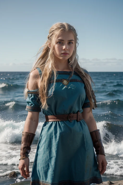 chica vikinga, Vista feroz ,Hacha de batalla en mano derecha, 17 year old Russian girl, cabello rubio arrugado y despeinado, en la orilla del agua ,Against the backdrop of the cold sea and the longship., Vestido con armadura vikinga,Apariencia de combate,pintura de guerra,
