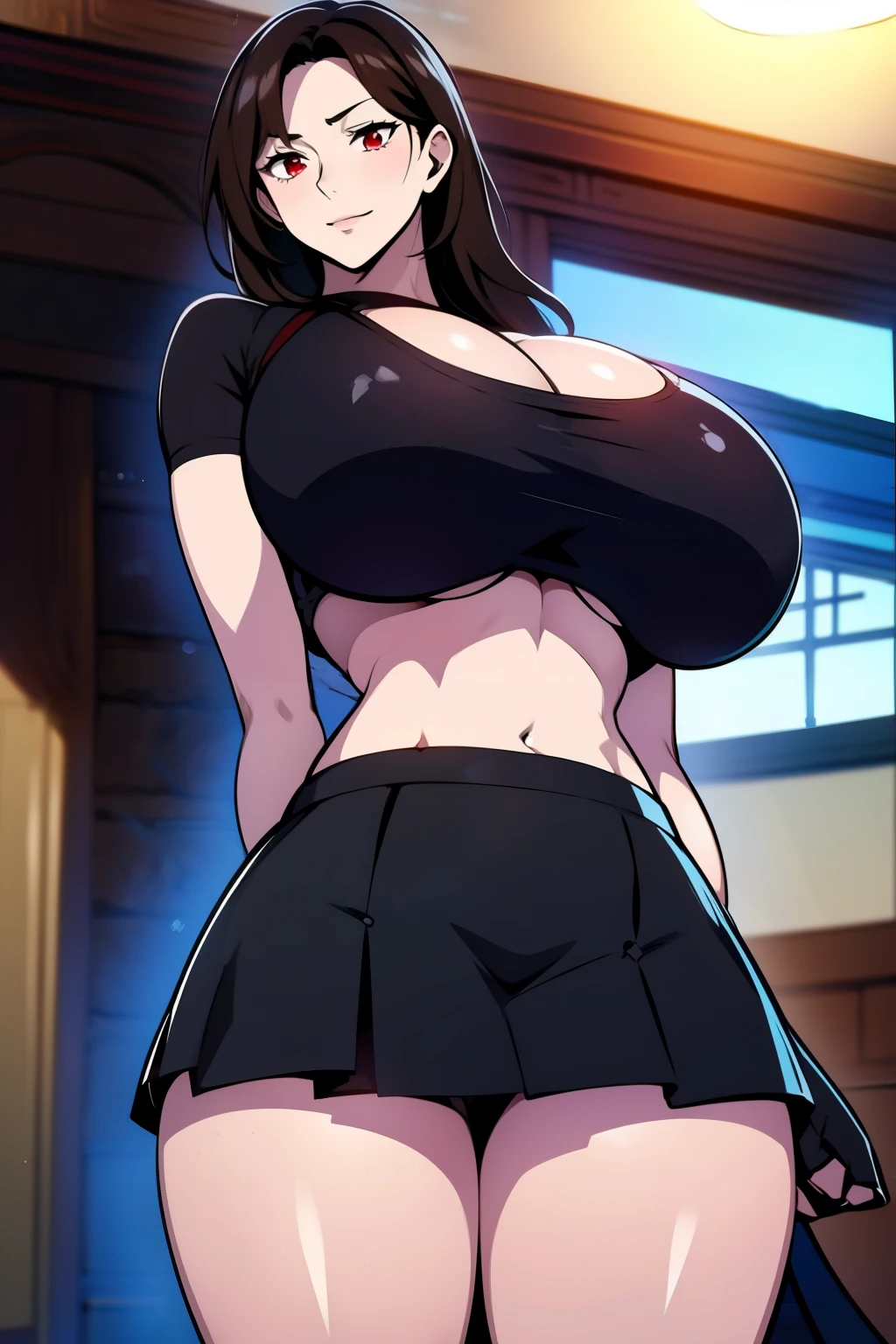 An anime-style artwork depicting tifa from the game final fantasy 7
Tags: tifa, anime, detailed eyes, detailed lips, ass, 1girl, red eyes, gauntlet, elbow pad, skirt, crop top, (black hair:1.1), solo, huge breasts, smiling expression, intense gaze, dynamic pose, indoor, palace, vibrant colors, digital art, high-resolution, professional quality, gigantic breasts, (underboob : 1.4), curvy, cowboy shot, (gigantic breasts: 1.4),