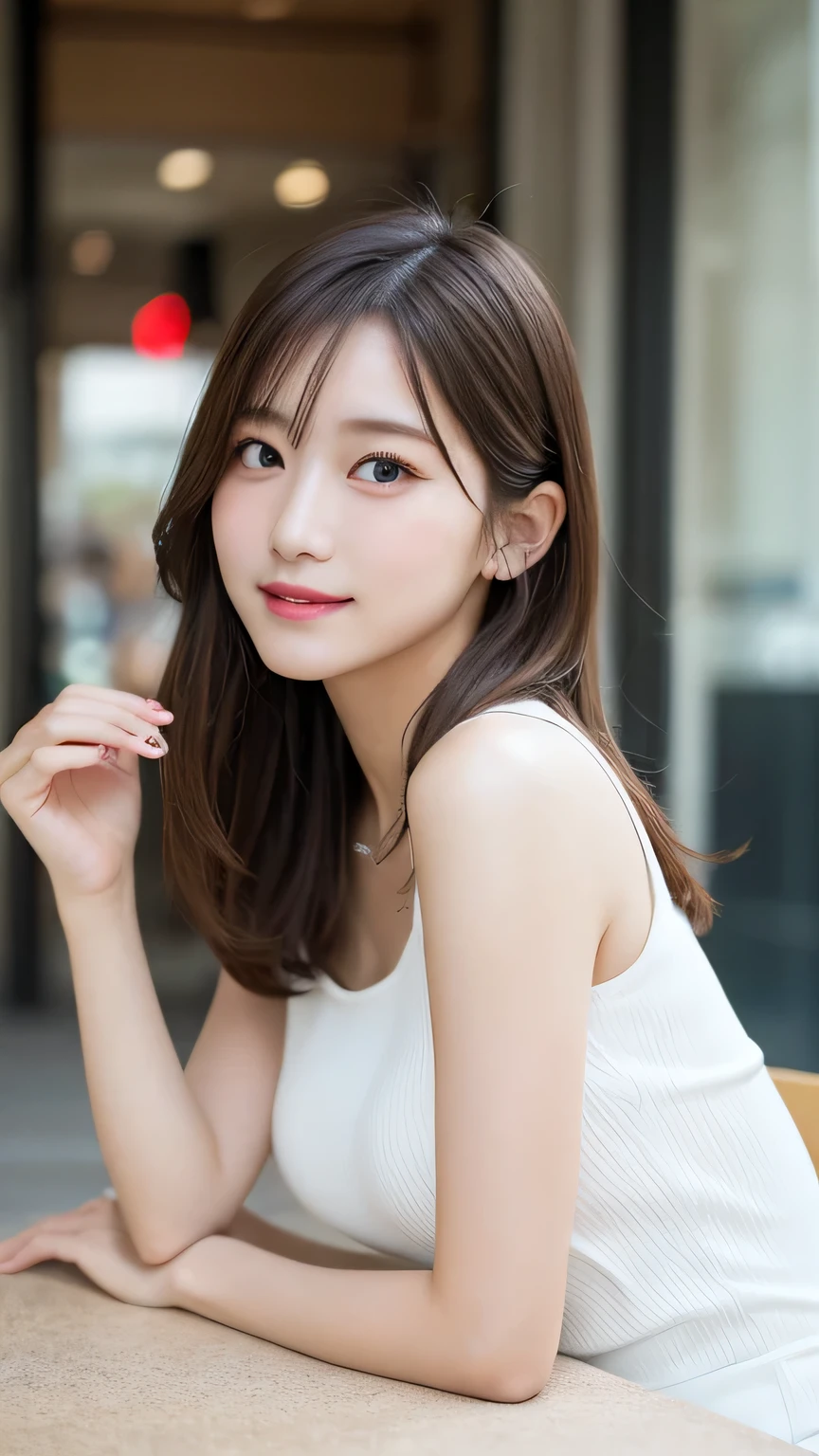 On the table, highest quality, figure, Very detailed, The finer details, High resolution, 8k wallpaper, Perfect dynamic composition, Beautiful and delicate eyes, pain,Medium Hair, Big Breasts, Natural color lips, Casual and sexy pose,smile,Aoyama Pedestrian Street、Sleeveless dress、20-year-old girl、Slim figure