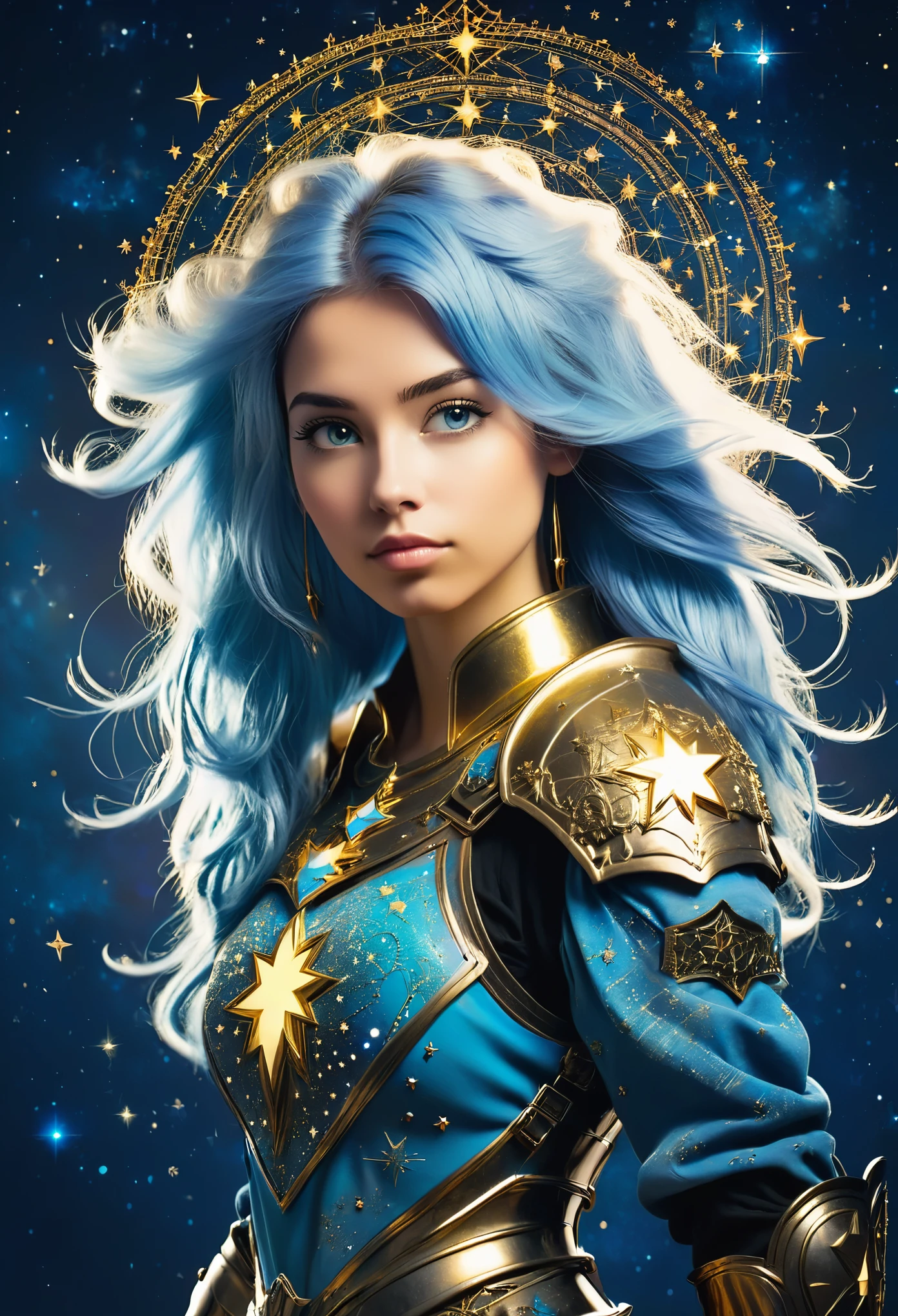 a stylized young caucasian woman warrior ((silhouette)) formed by bright stars. with straight long light blue messy hair. Straight hair. medieval golden ornate armor. Cosmic background.