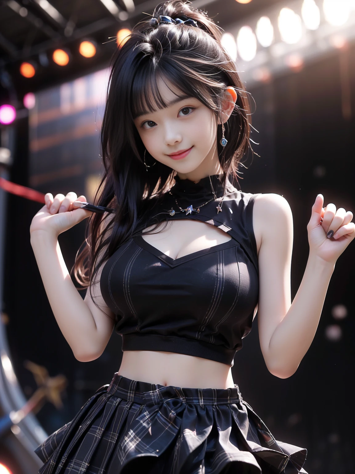 (masterpiece, realistic, photo-realistic:1.2), finely detail, ultra high res, perfect anatomy, best quality, 8K, soft focus, upper body shot, (happy smile:1.3), (1girl, 15yo Japanese girls, height 1.5meters:1.2), (pleated skirt with tartan checked patterns, elaborated ruffled idol costumes with ribbons:1.2), (sexy pose emphasized breasts, singing, cleavage, focus on breasts:1.2), (black hair, straight short hair, blunt bangs:1.2), beautiful detailed face and big eyes, (white and smooth skin, glowing fair skin:1.3), (pointed huge breasts, gigantic breasts:1.3), (bloom, detailed background, concert stage, superb view in concert:1.2),