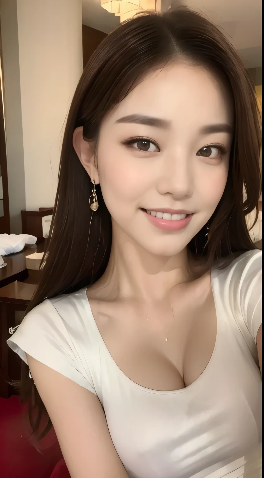 ((highest quality, 8k, masterpiece :1.3)), One Girl, Selfie, close, A very loving smile:1.2, Slim face, Beautiful woman, (Dark brown hair), Big Breasts:1.4,White T-shirt, Highly detailed face, fine grain, double eyelid,  Blur the background, Slim face,, On the hotel bed,  