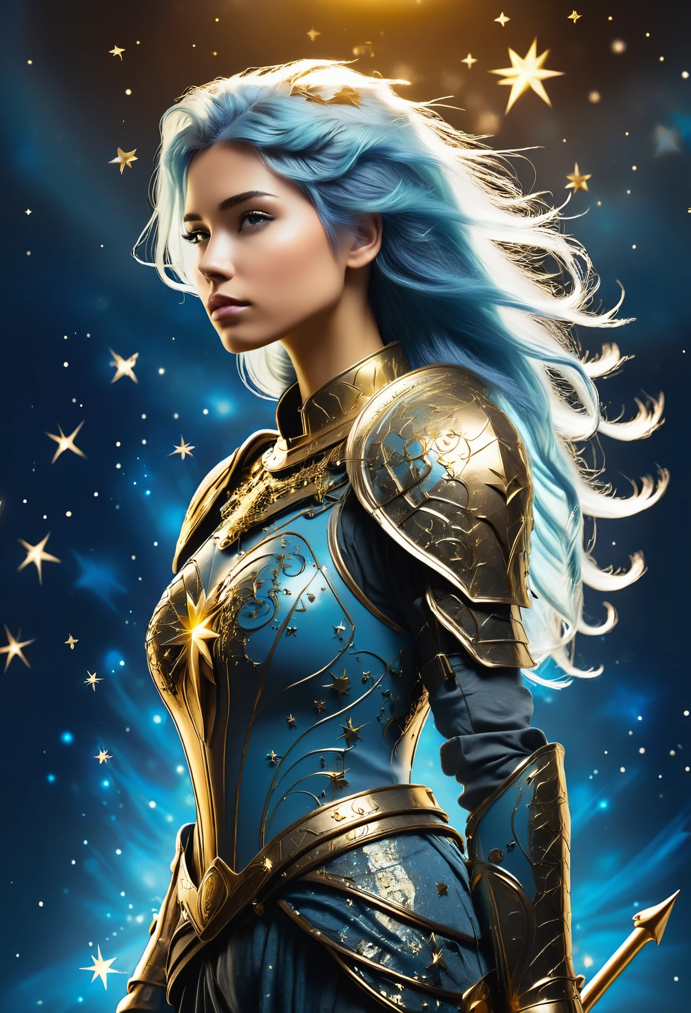 a stylized young caucasian woman warrior ((silhouette)) formed by bright stars. with straight long light blue messy hair. Straight hair. medieval golden ornate armor. Cosmic background.