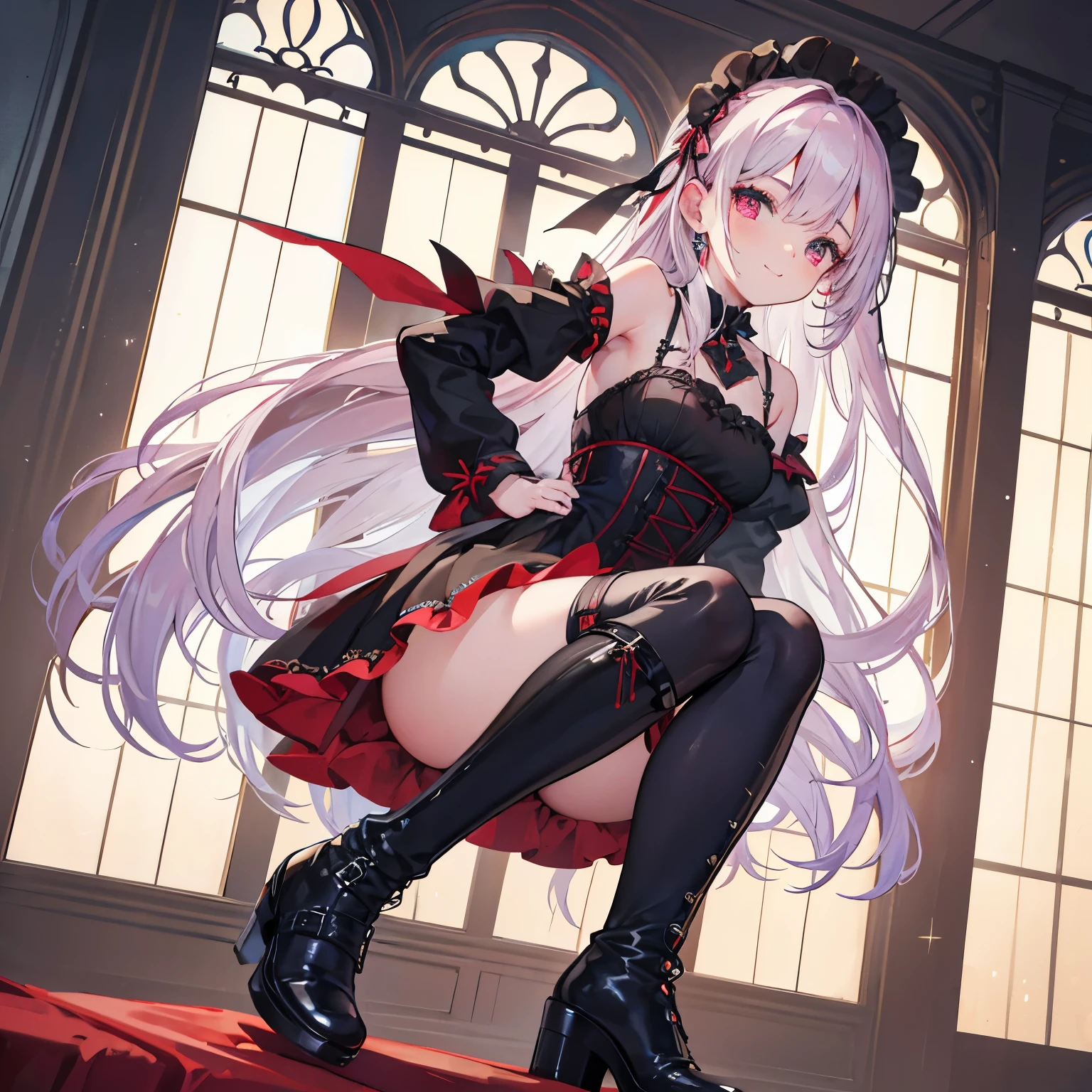 CG muy detallado y realista, vistoso, obra maestra, Mejor calidad, magnificent, ojos como joyas, 1 chica, solo, , , pretty girl, cabello rojo, pelo ondulado, Gothic , ropa blanca y negra, sonrisa, de pie, mano en el cabello, Gothic ribbon, corbata de cinta, aula, small breasts, boca abierta, colmillos, Mini falda, Gothic boots, desde el frente, dutch angle,