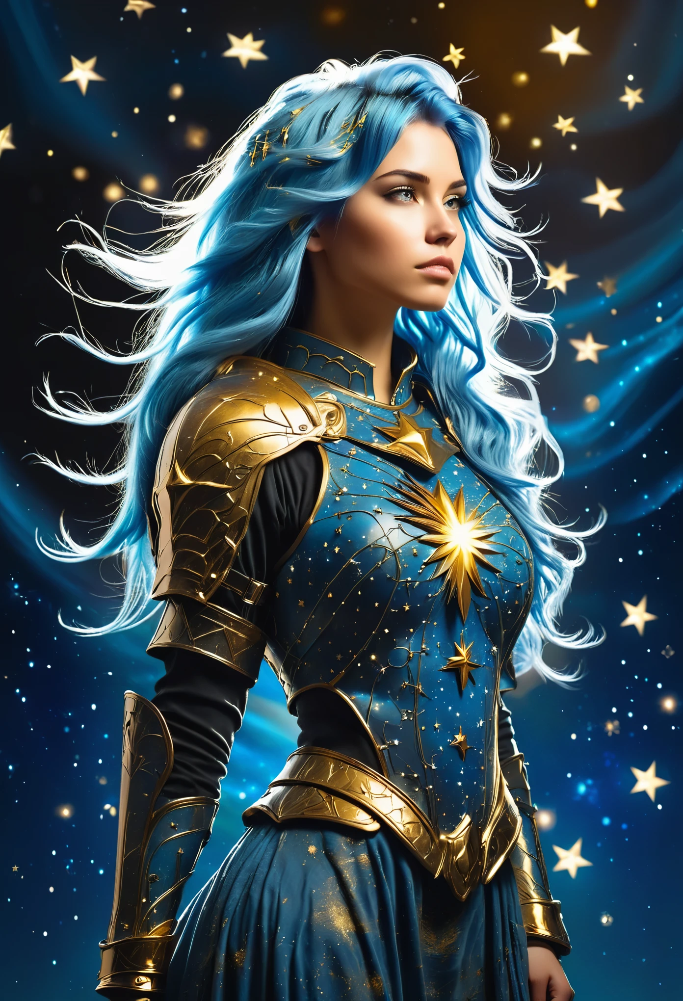 a stylized young caucasian woman warrior ((silhouette)) formed by bright stars. with straight long light blue messy hair. Straight hair. medieval golden ornate armor. Cosmic background.