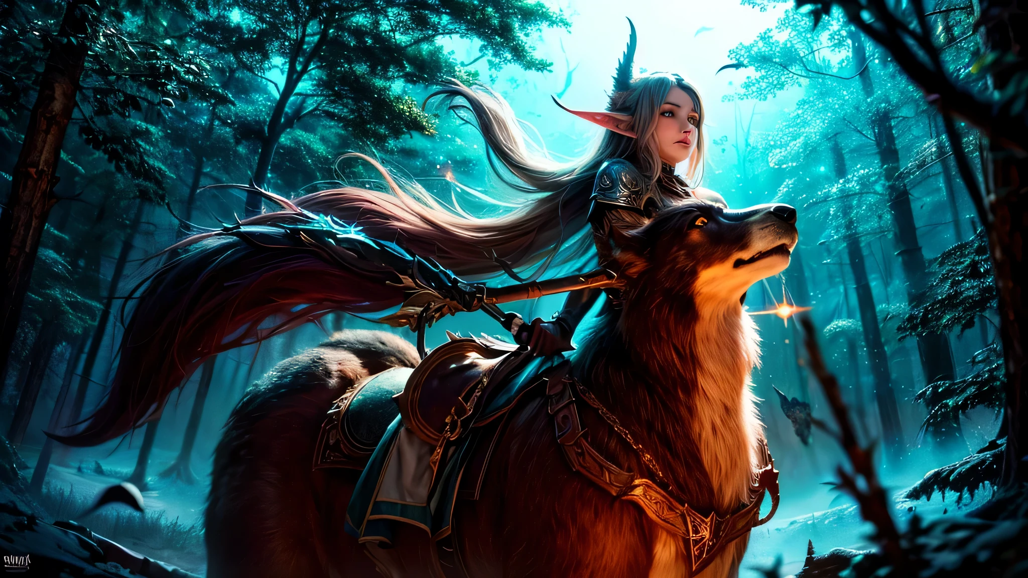 Beautiful elven girl, clad in intricately crafted leather armor, rides majestically atop a dire wolf. Her long, luminous elven ears twitch with alertness as she scans the surrounding forest for signs of monstrous beasts. With a quiver full of enchanted arrows slung across her back and a longbow in her hand, she is poised and ready to face any danger that comes her way. The dim forest is illuminated by the ethereal glow of magic emanating from her, casting a mystical aura around her.